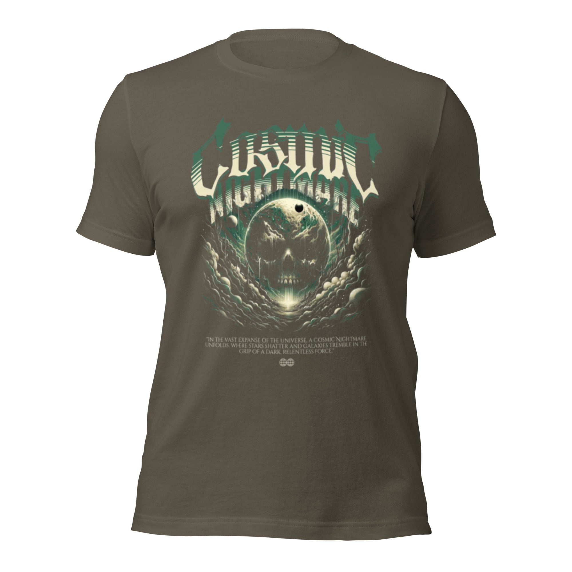 Unisex dark green graphic T-shirt with teal-and-white alien skull face front print