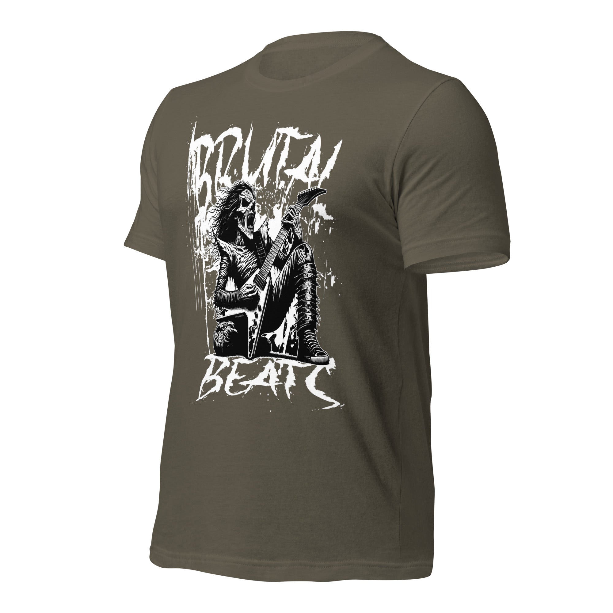 Olive unisex graphic T-shirt with back rock musician and text print