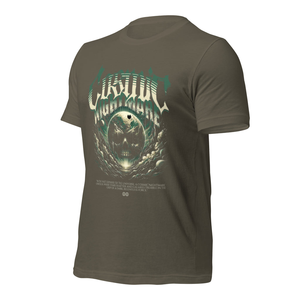 Unisex dark green graphic T-shirt with teal-and-white alien skull face front print