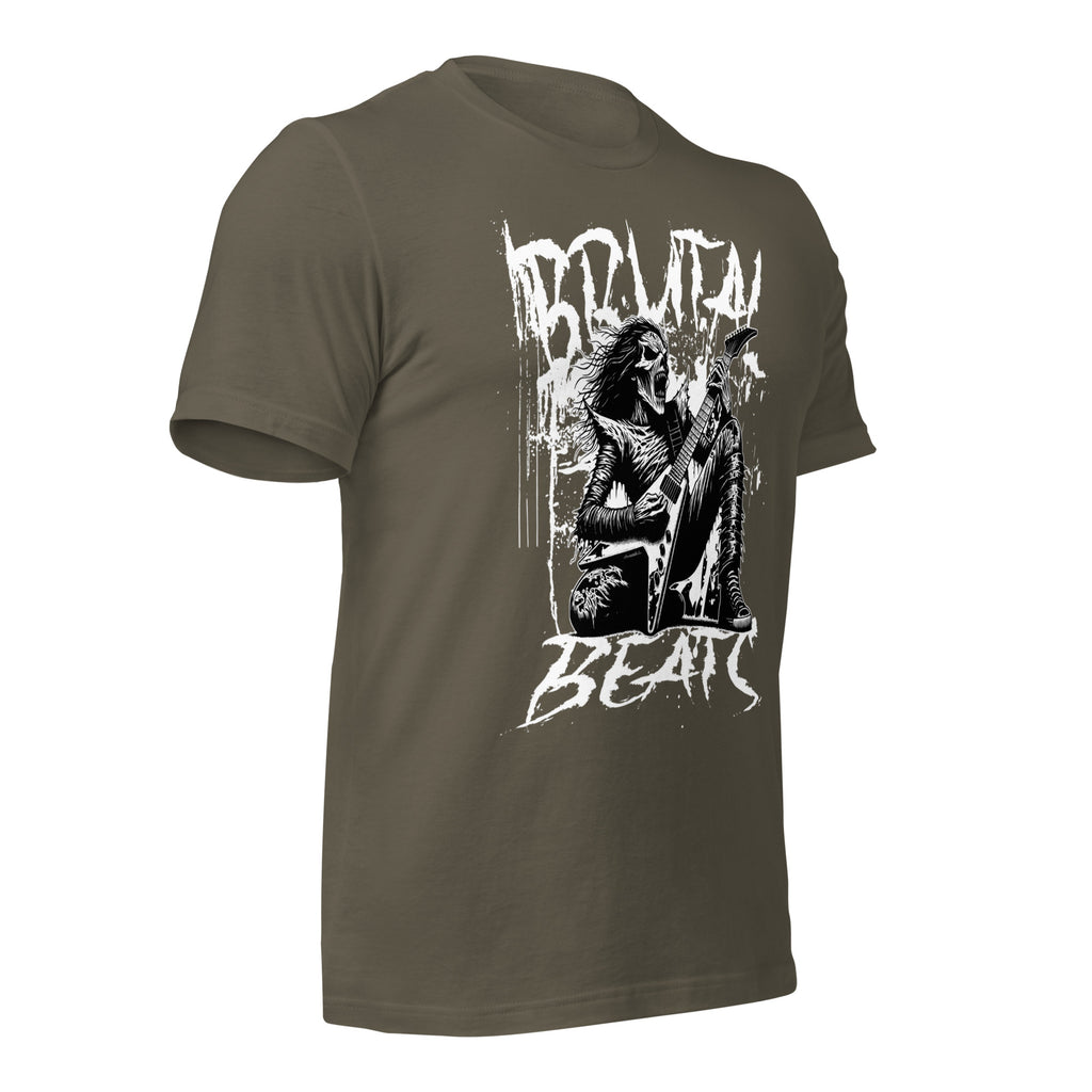 Medium olive unisex graphic T-shirt with front rock musician print