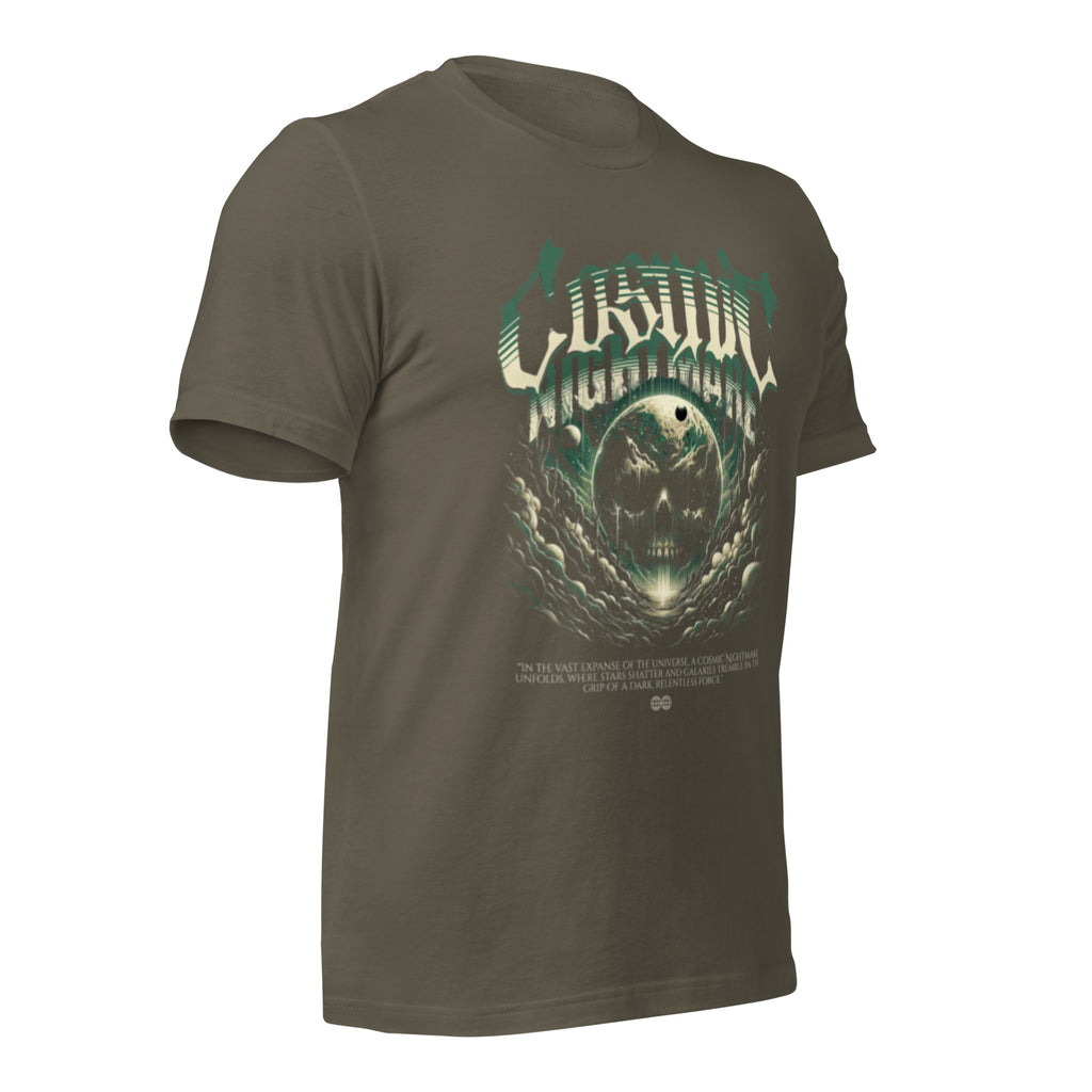 Unisex dark green graphic T-shirt with teal-and-white alien skull face front print