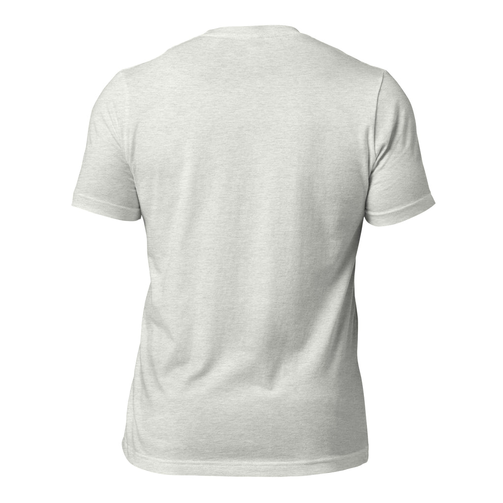 Unisex graphic T-shirt in light grey, plain back with crew neck and short sleeves.