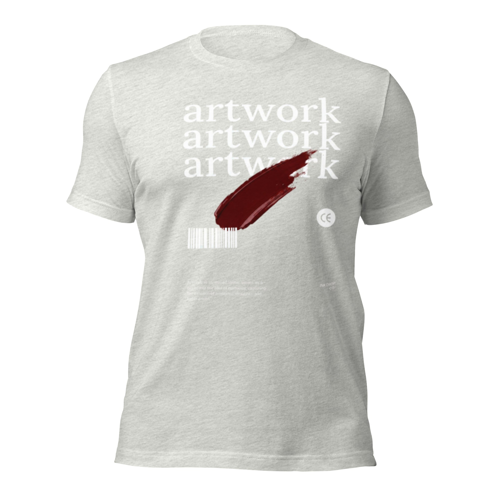 Unisex graphic T-shirt in light grey, front view with white artwork text and red brushstroke.