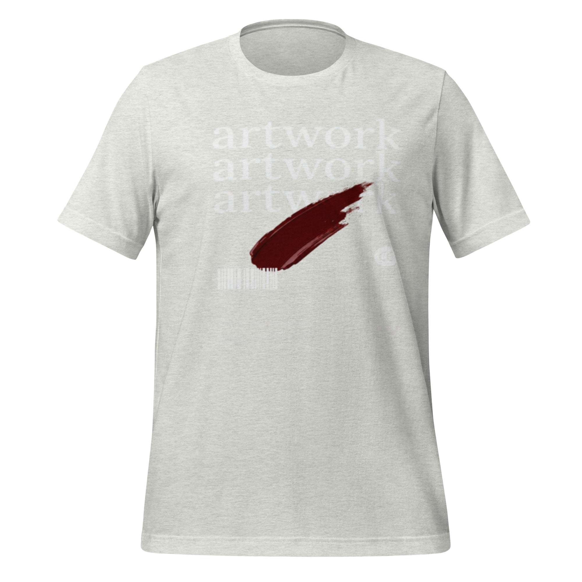 Unisex graphic T-shirt in ash gray with artwork graphic and barcode on front.