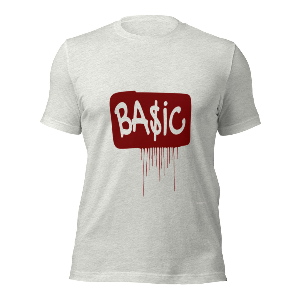 Unisex graphic T-shirt, ash grey with red BA$IC logo graphic on front