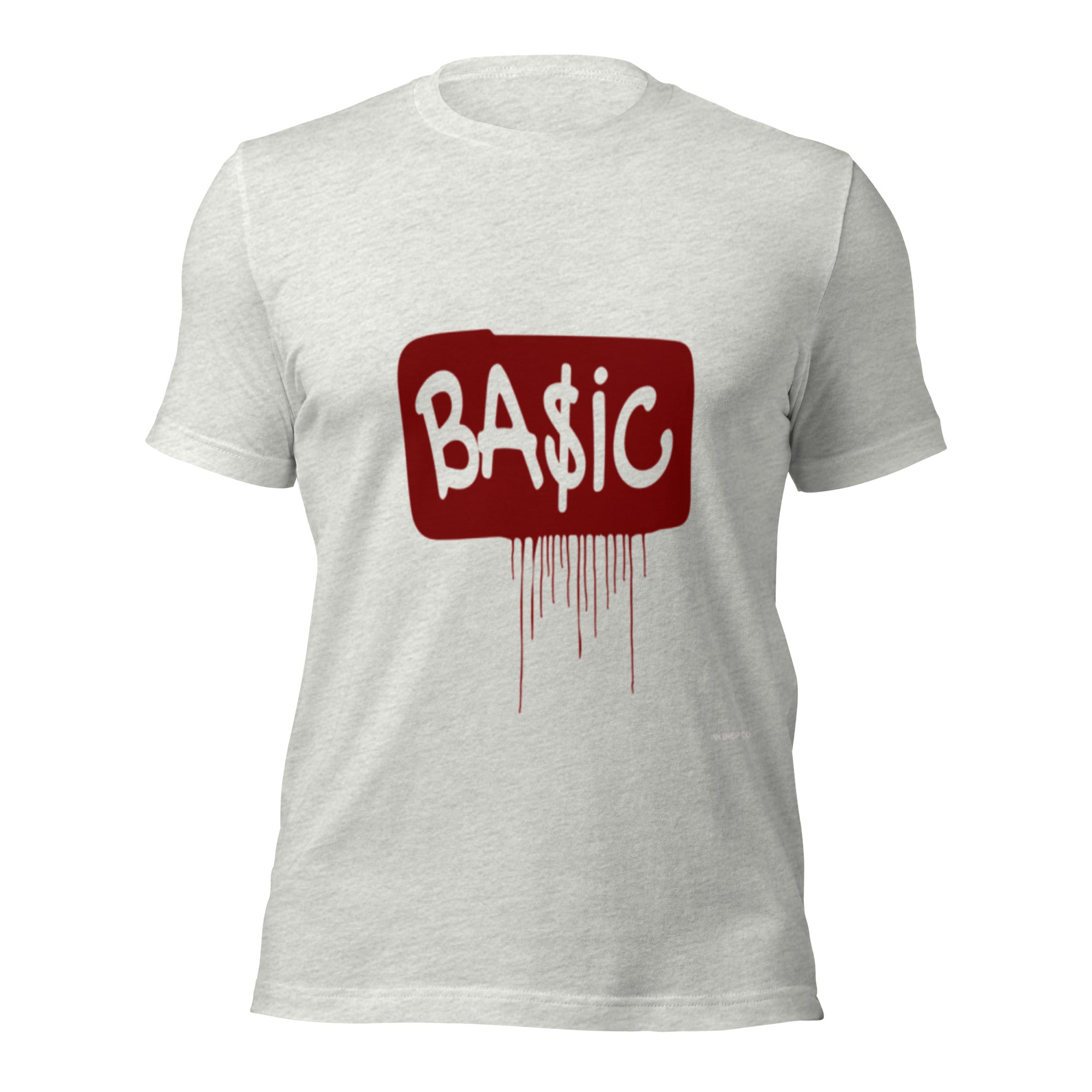 Unisex graphic T-shirt, ash grey with red BA$IC logo graphic on front