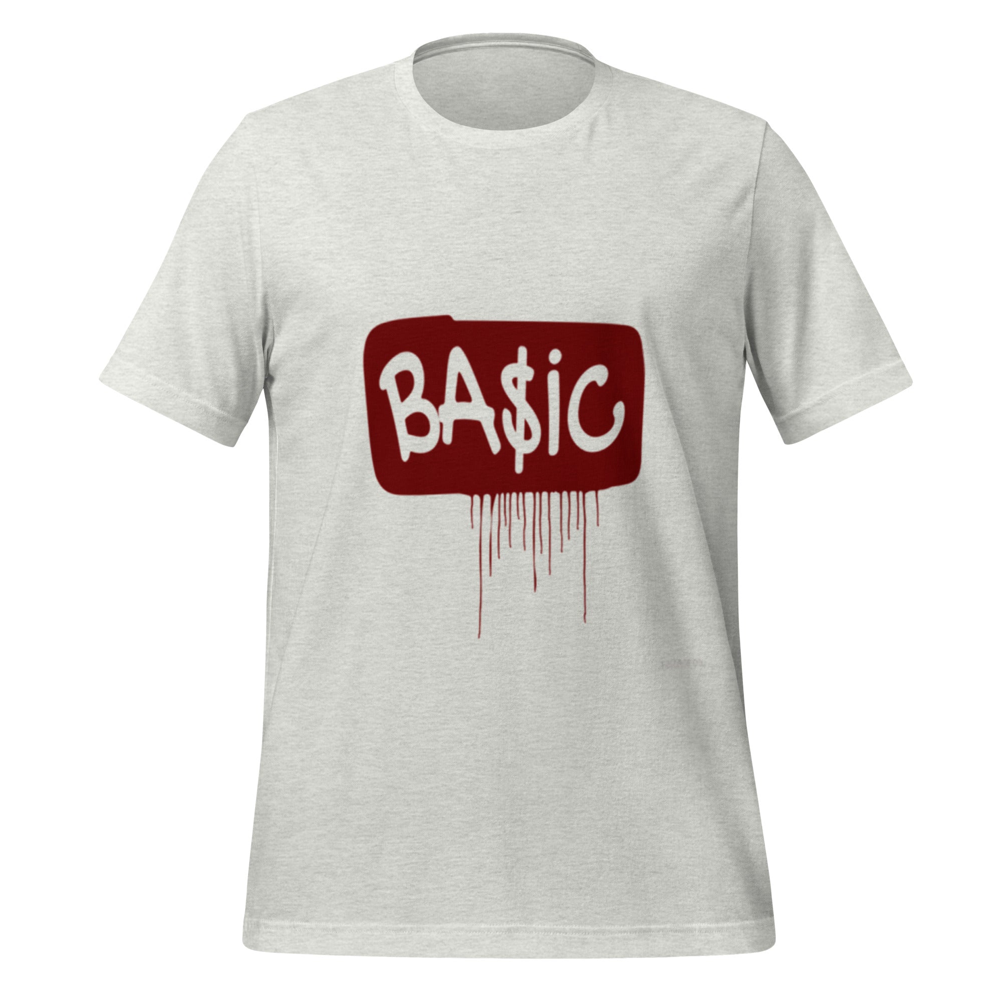 Ash unisex graphic T-shirt with red 'BA$IC' box logo and dripping graphic
