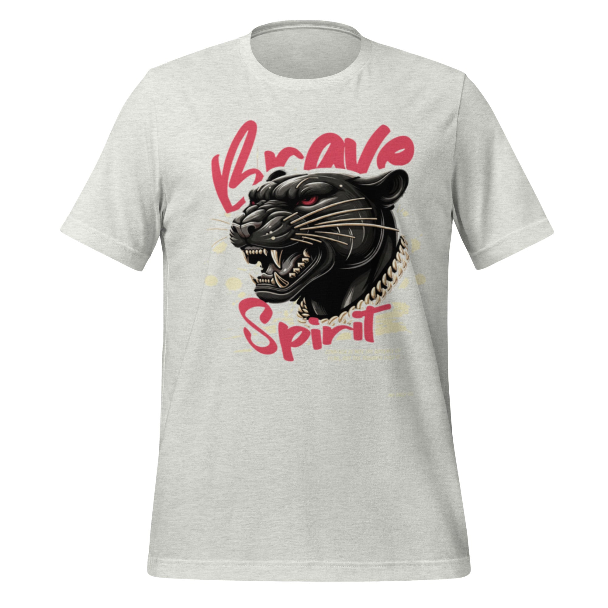 Light gray unisex graphic T-shirt with panther head and red 'Spirit' print