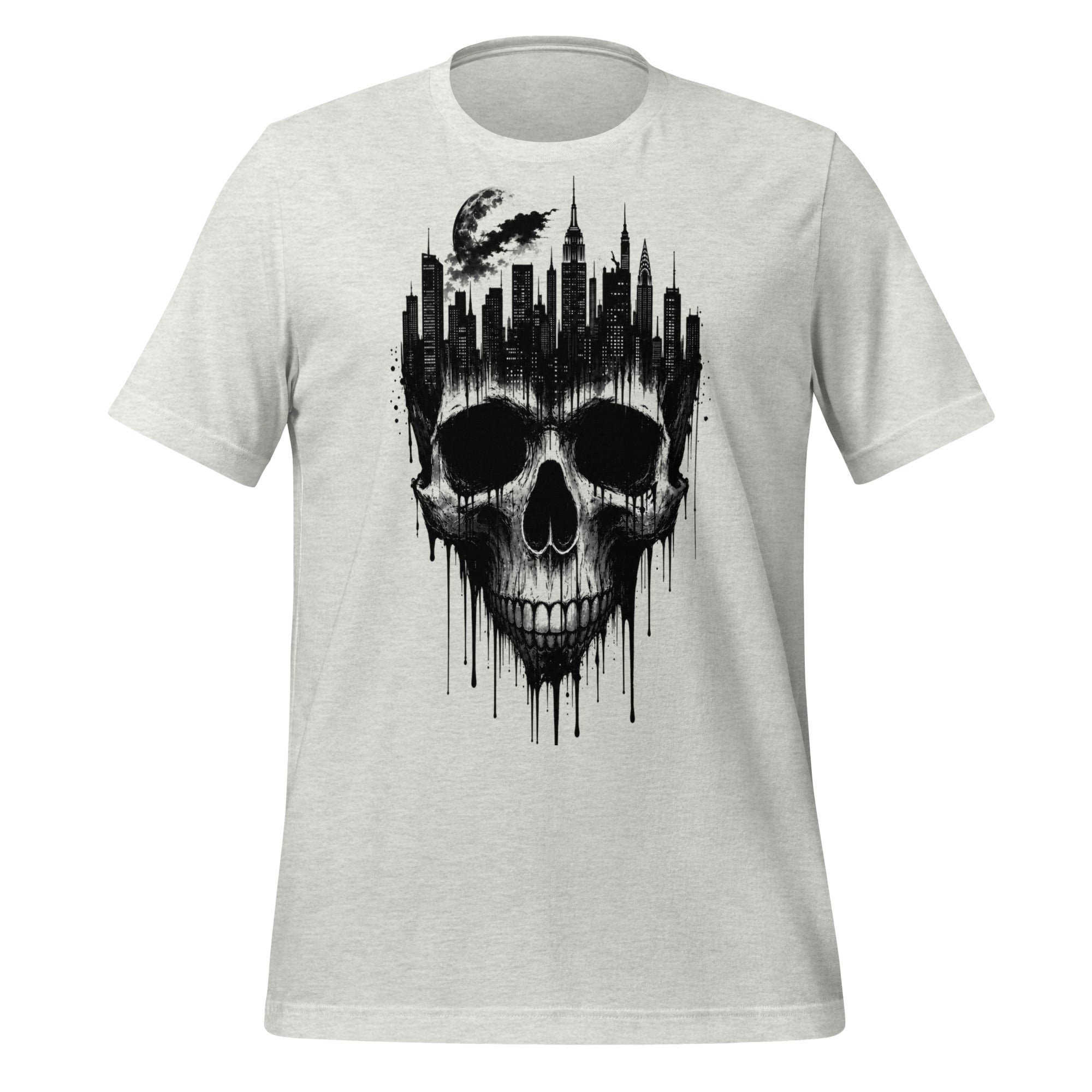 White men's graphic T-shirt with skull and city skyline front print