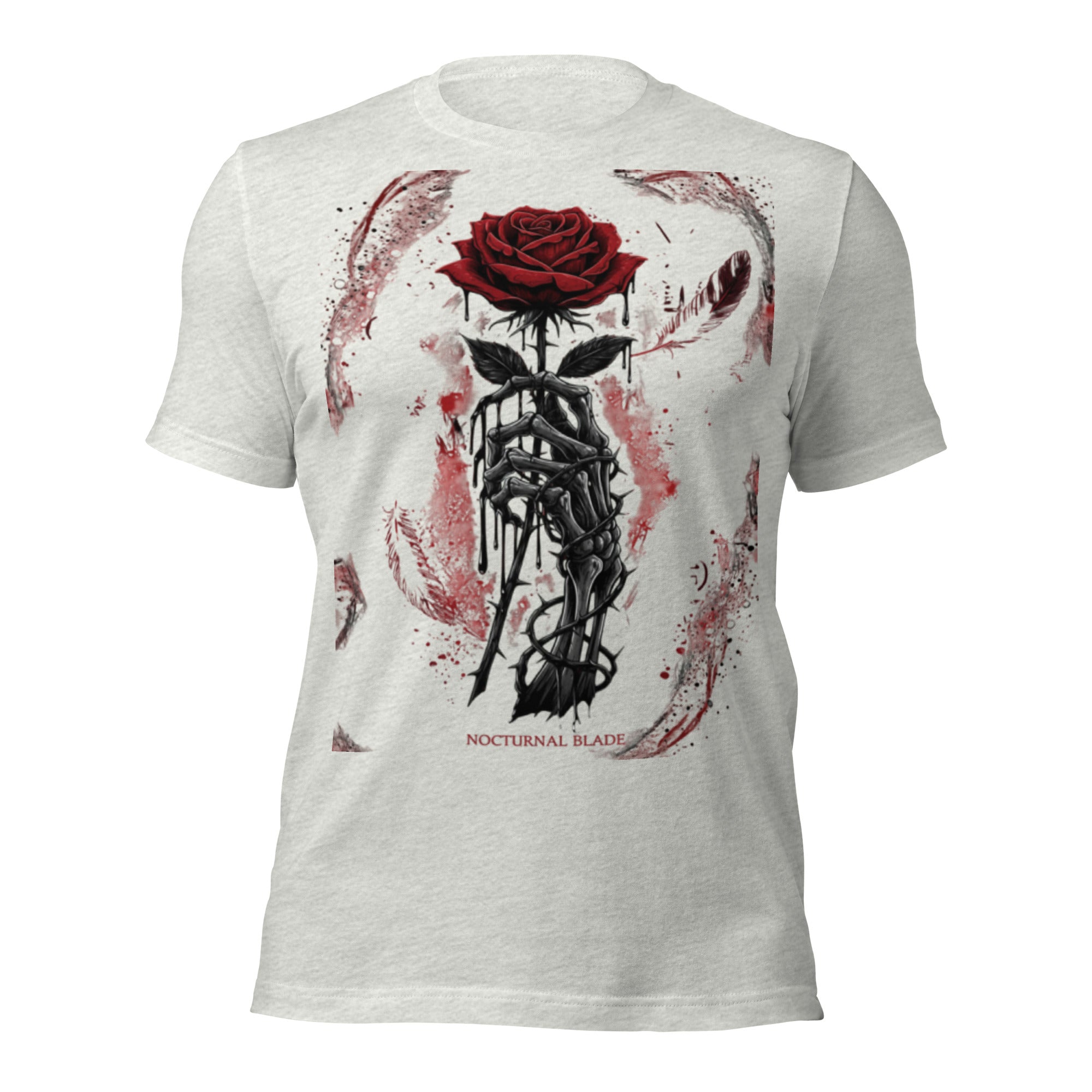 Light grey unisex graphic T-shirt with red rose and black chain-style artwork on back
