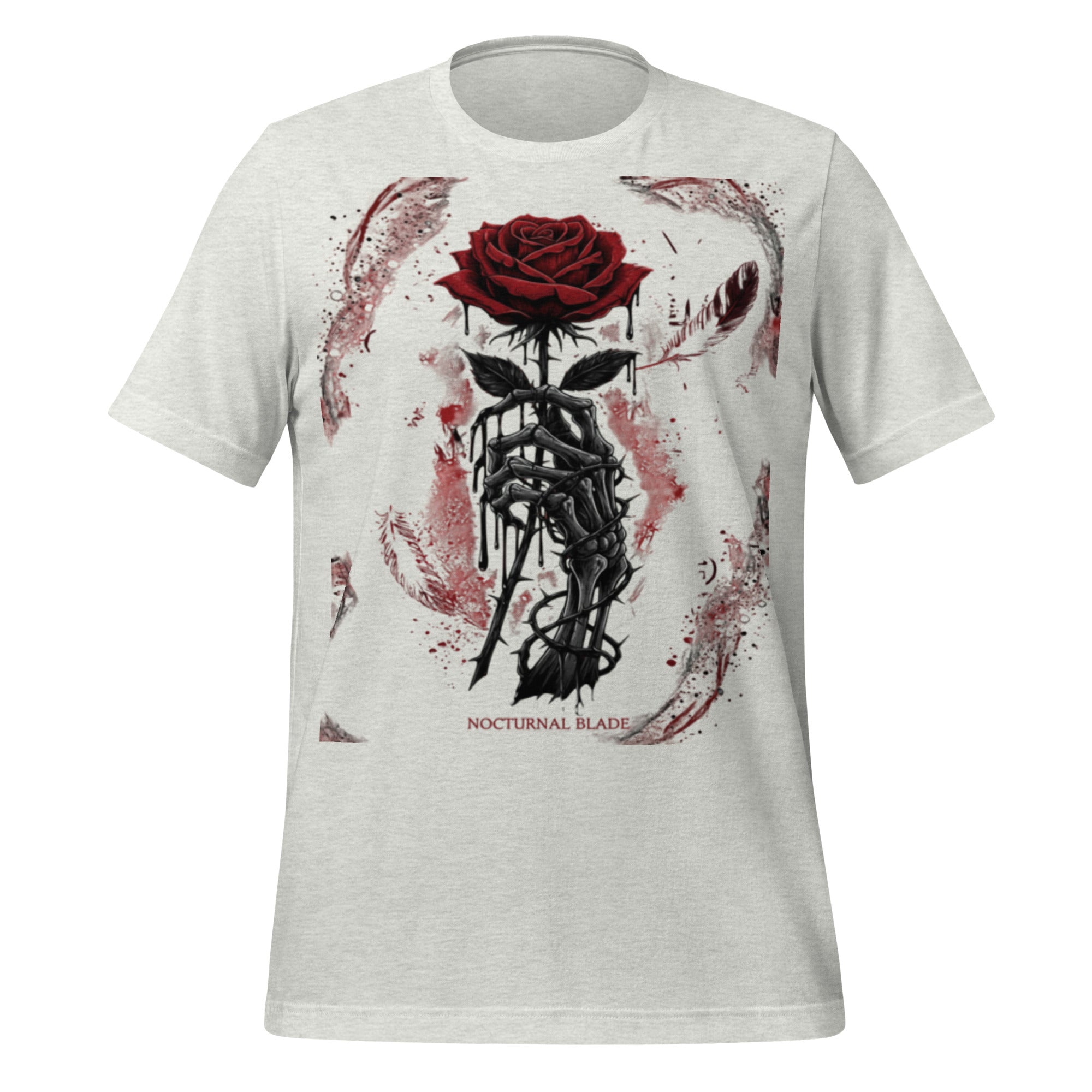 Light grey unisex graphic T-shirt with red rose and dark skeleton sword art on front