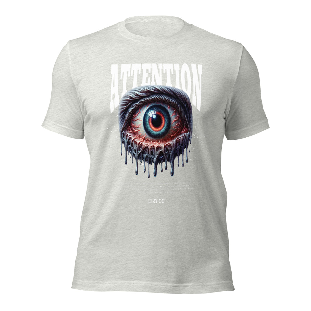 Unisex graphic T-shirt, light gray, back eye graphic with dripping details and ATTENTION text