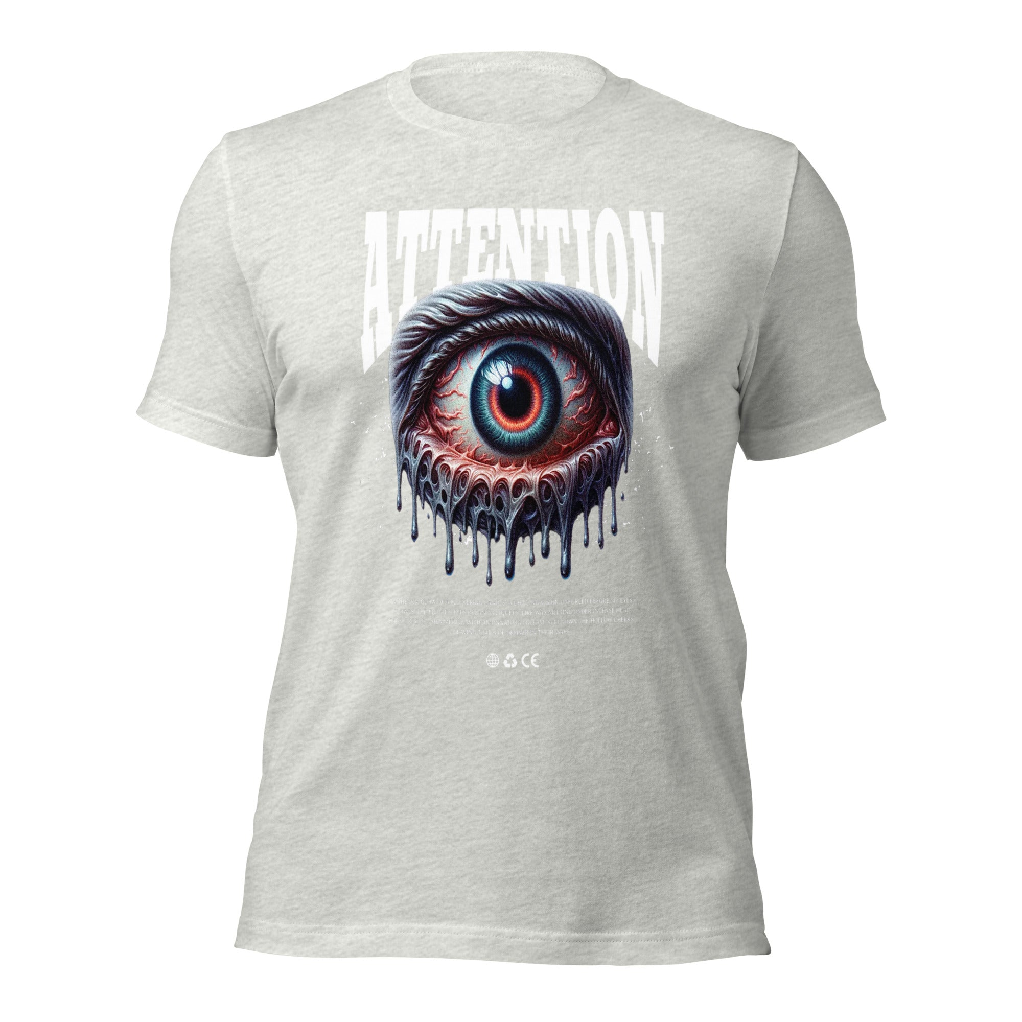 Unisex graphic T-shirt, light gray, back eye graphic with dripping details and ATTENTION text