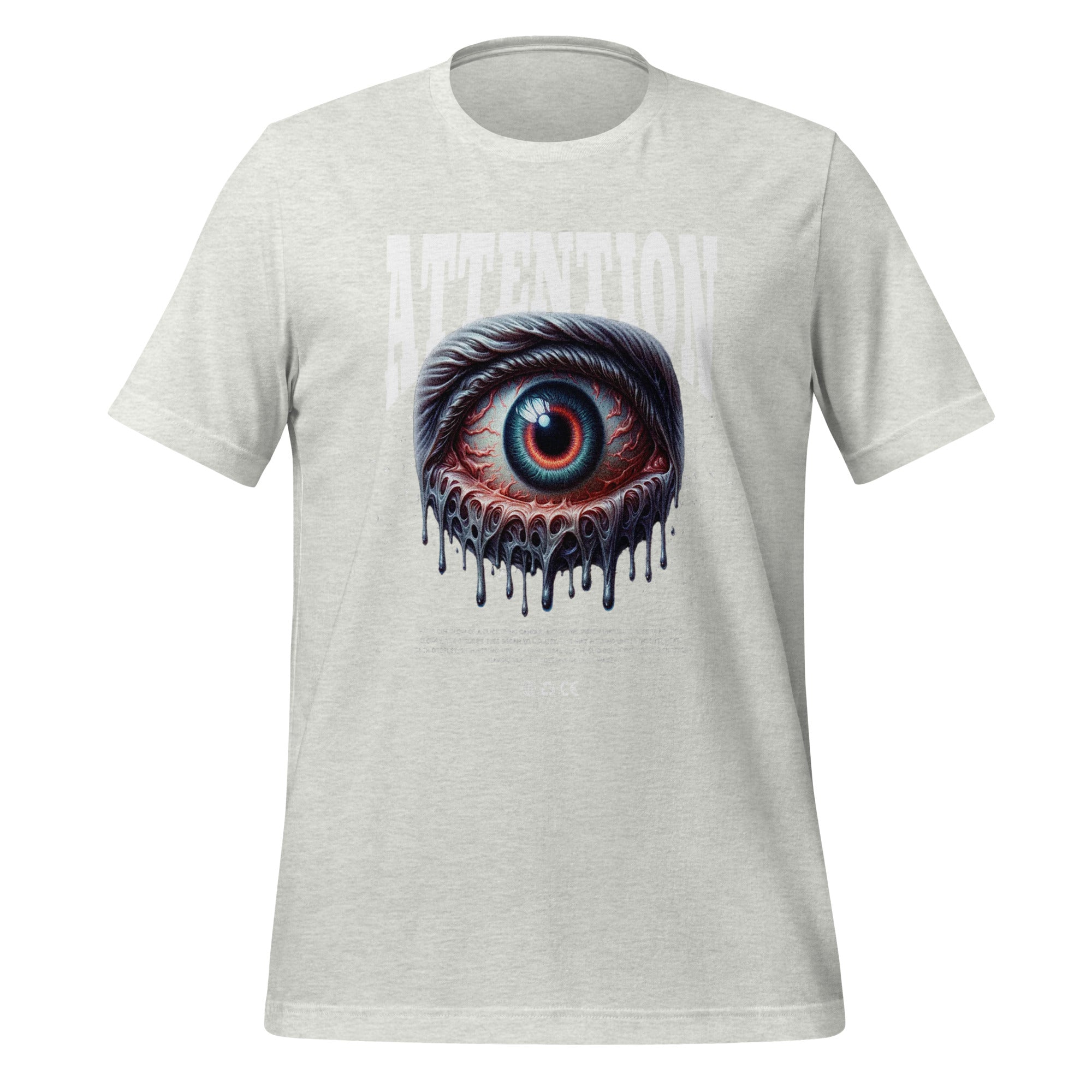 Unisex graphic T-shirt in light heather with large eye artwork and white “ATTENTION” text front