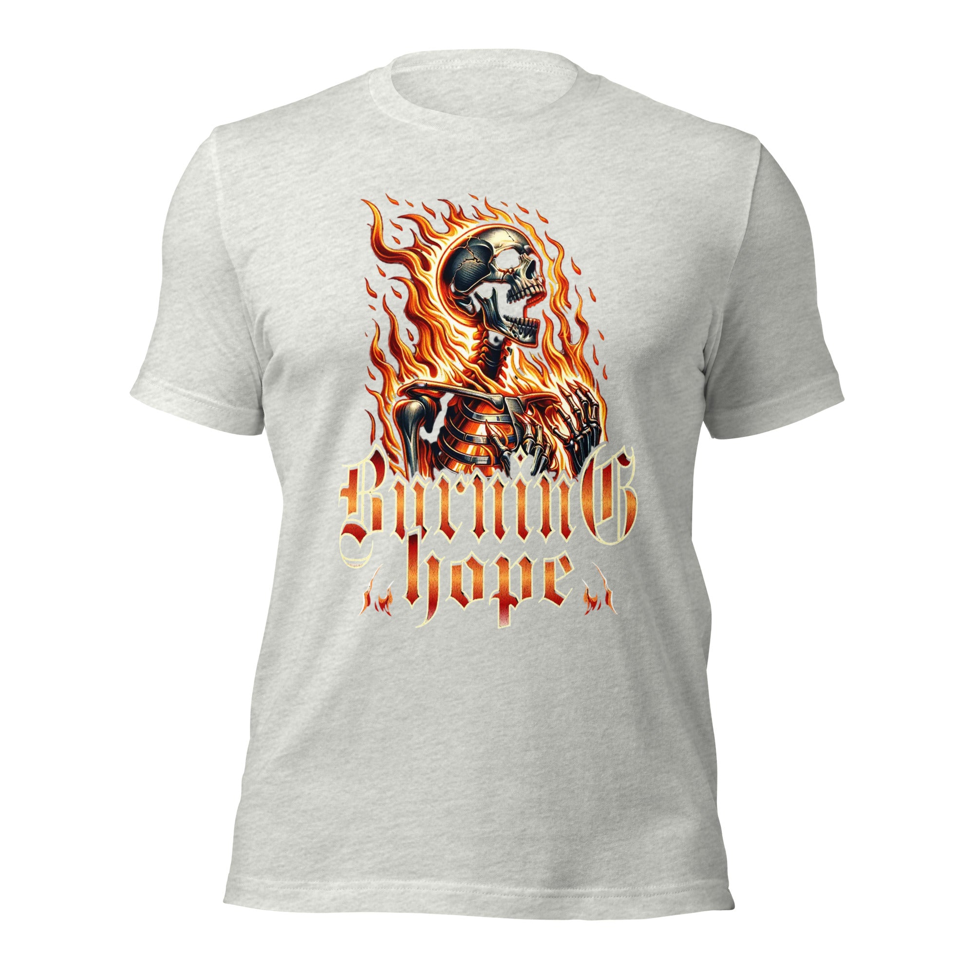 Unisex graphic T-shirt in ash grey with flame skull print on the front