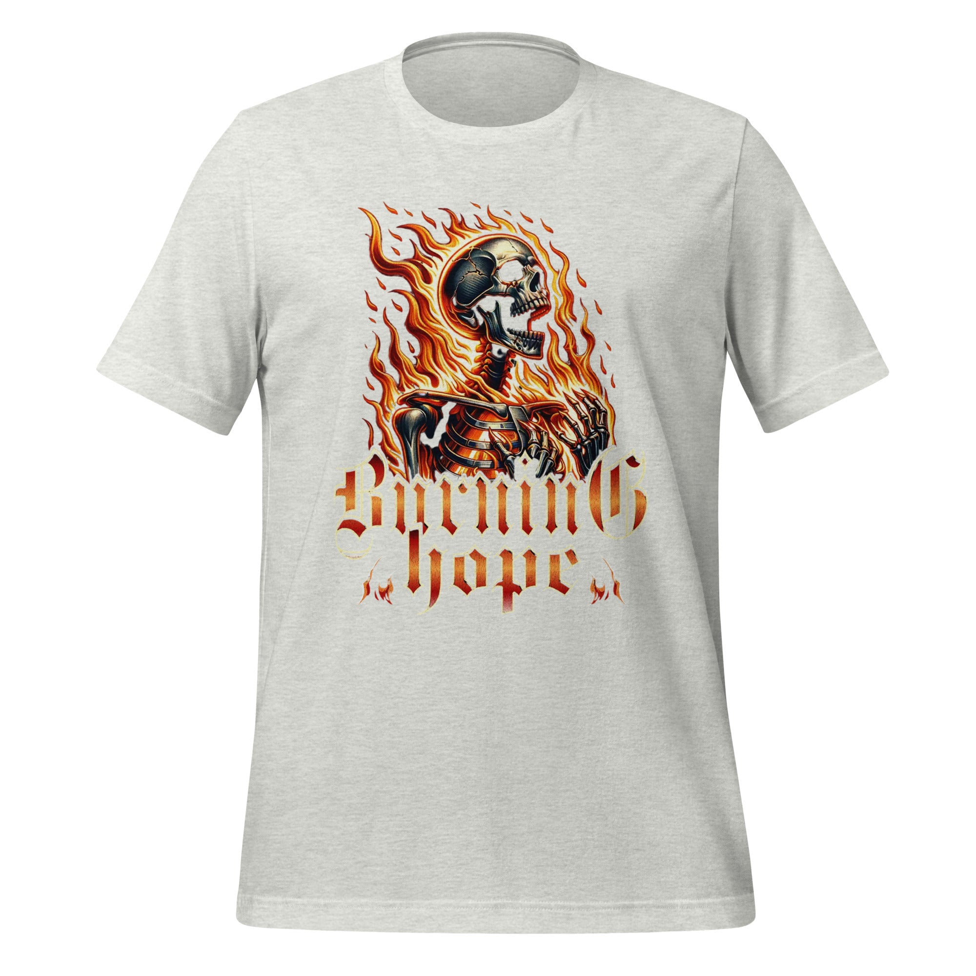 Light grey unisex graphic T-shirt with flaming skull and Burning Hope lettering.