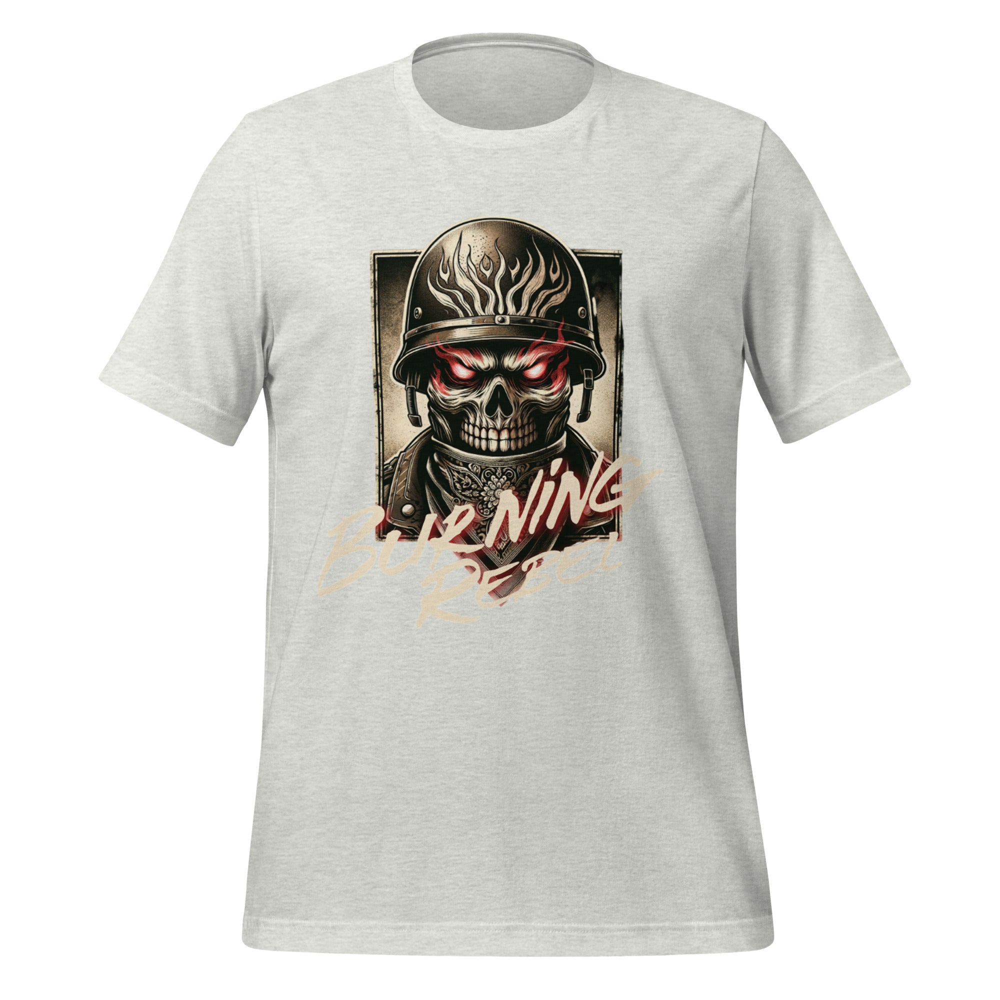 Light grey unisex graphic T-shirt with skull helmet front print
