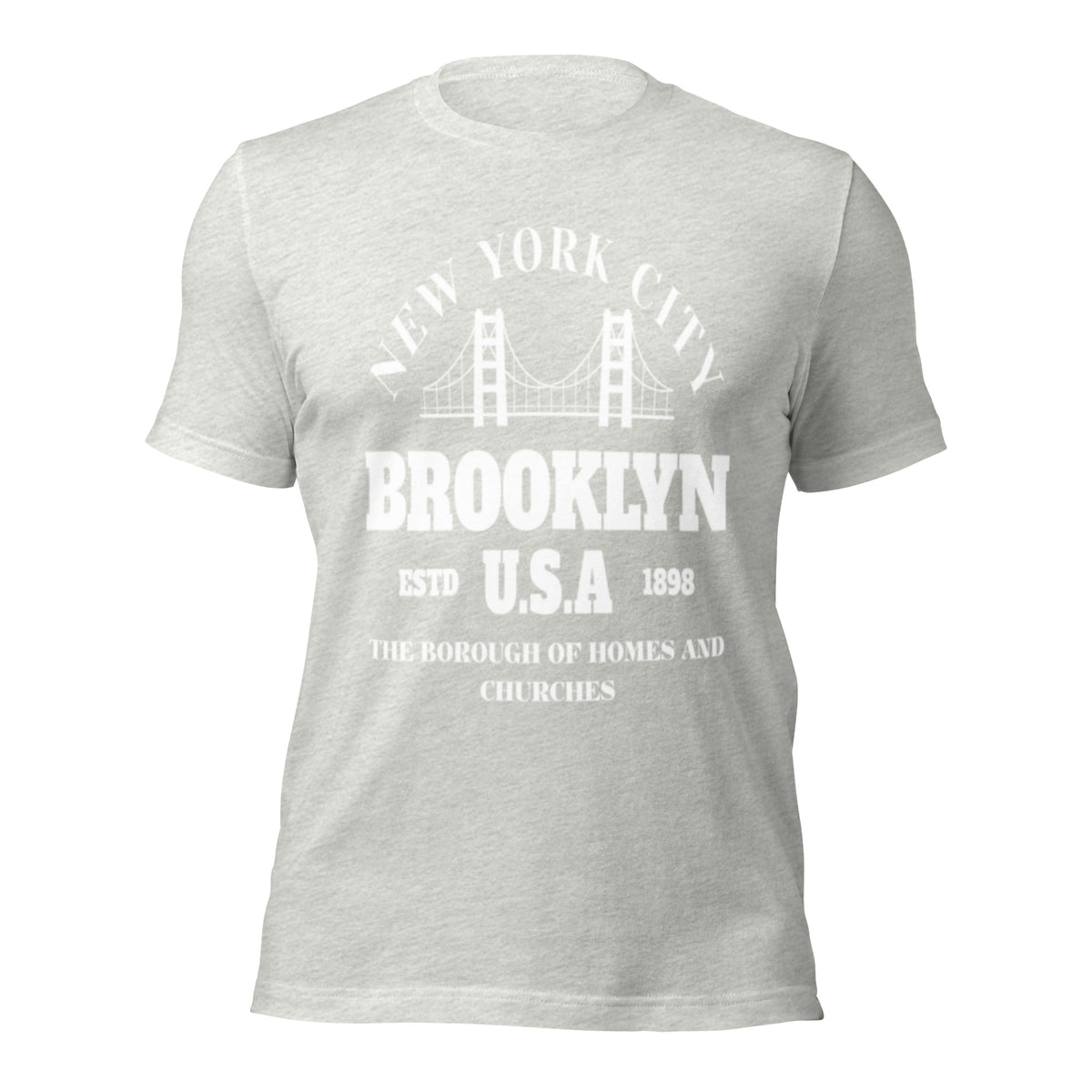 Women's grey heather graphic tee with Brooklyn text and bridge illustration