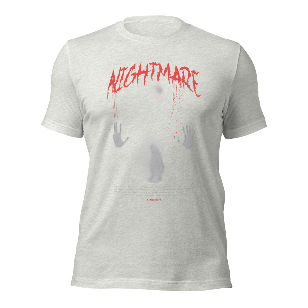 Women's light grey graphic tee with red horror-style print