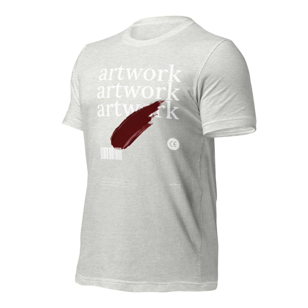 Unisex graphic T-shirt in light grey, angled front with white artwork text and red brushstroke.