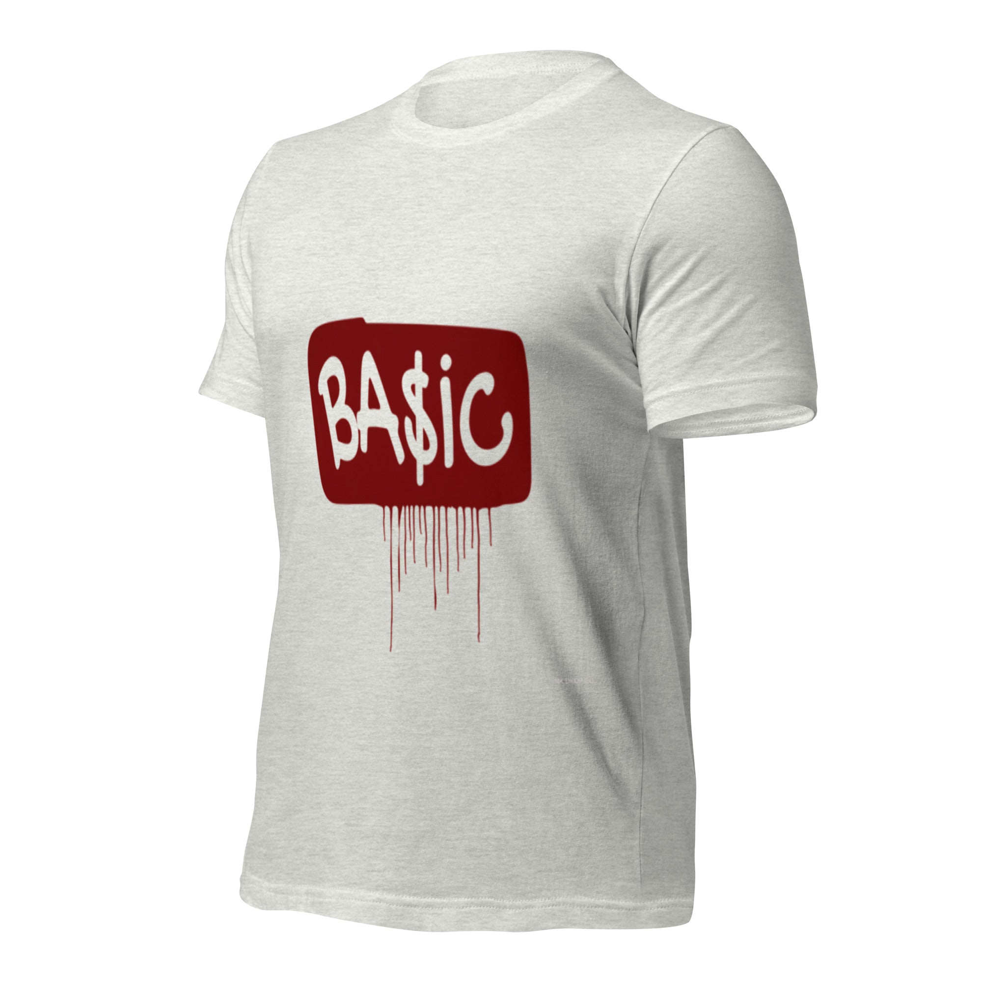 Heather grey unisex graphic T-shirt, red BA$IC logo with drips, short sleeves