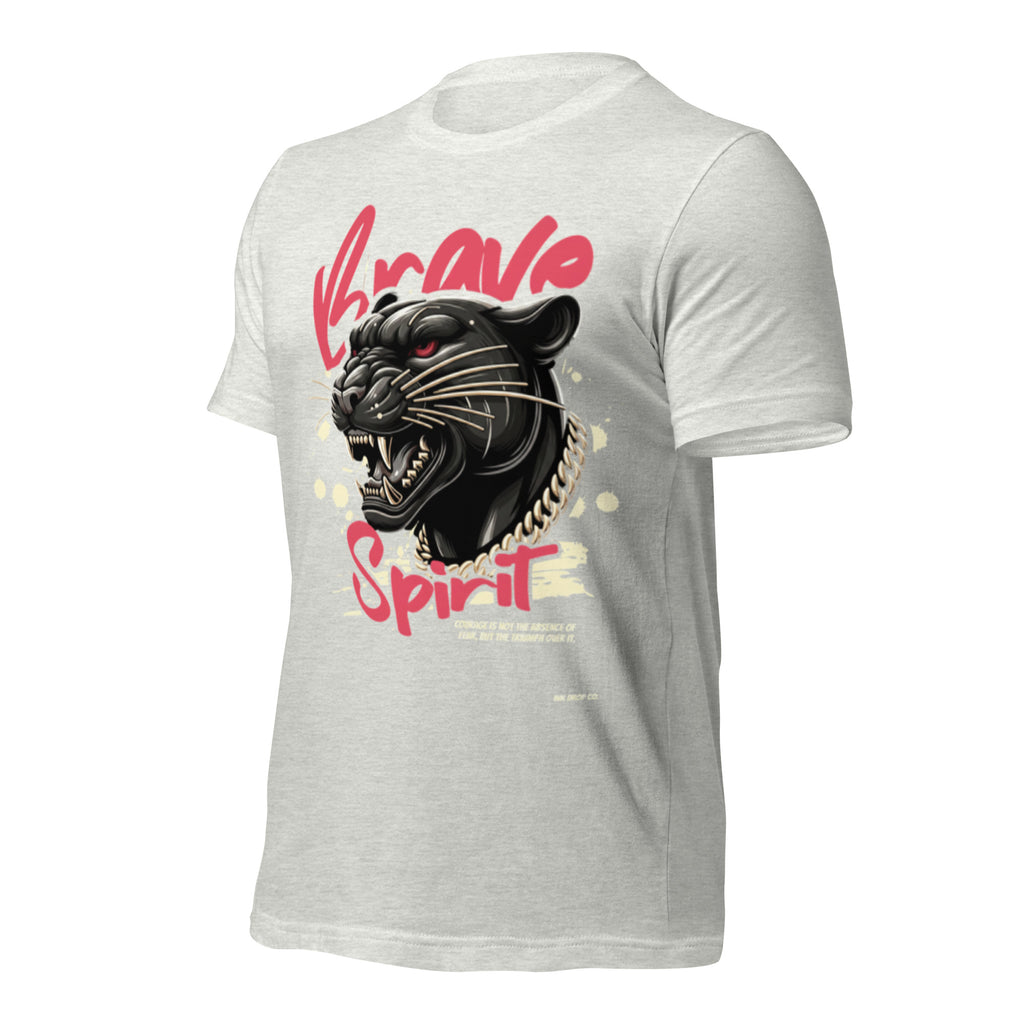 Ash grey unisex graphic T-shirt, black big cat head with pink “Brave Spirit”