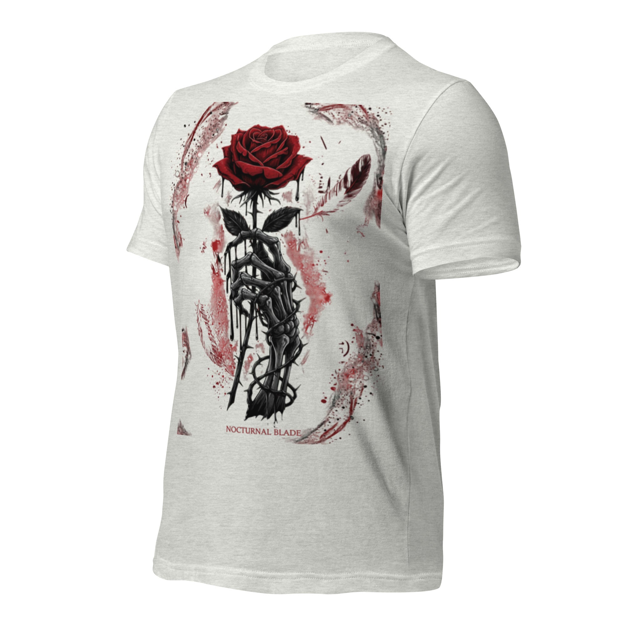 Light grey unisex graphic T-shirt with red rose and black chain-style artwork on back