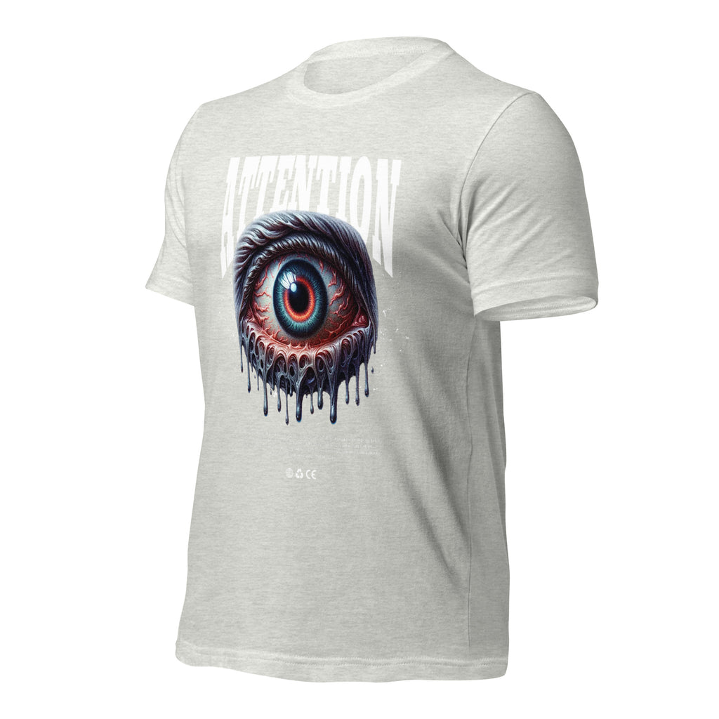 Unisex graphic T-shirt, light gray, back eye graphic with ATTENTION text, short sleeves
