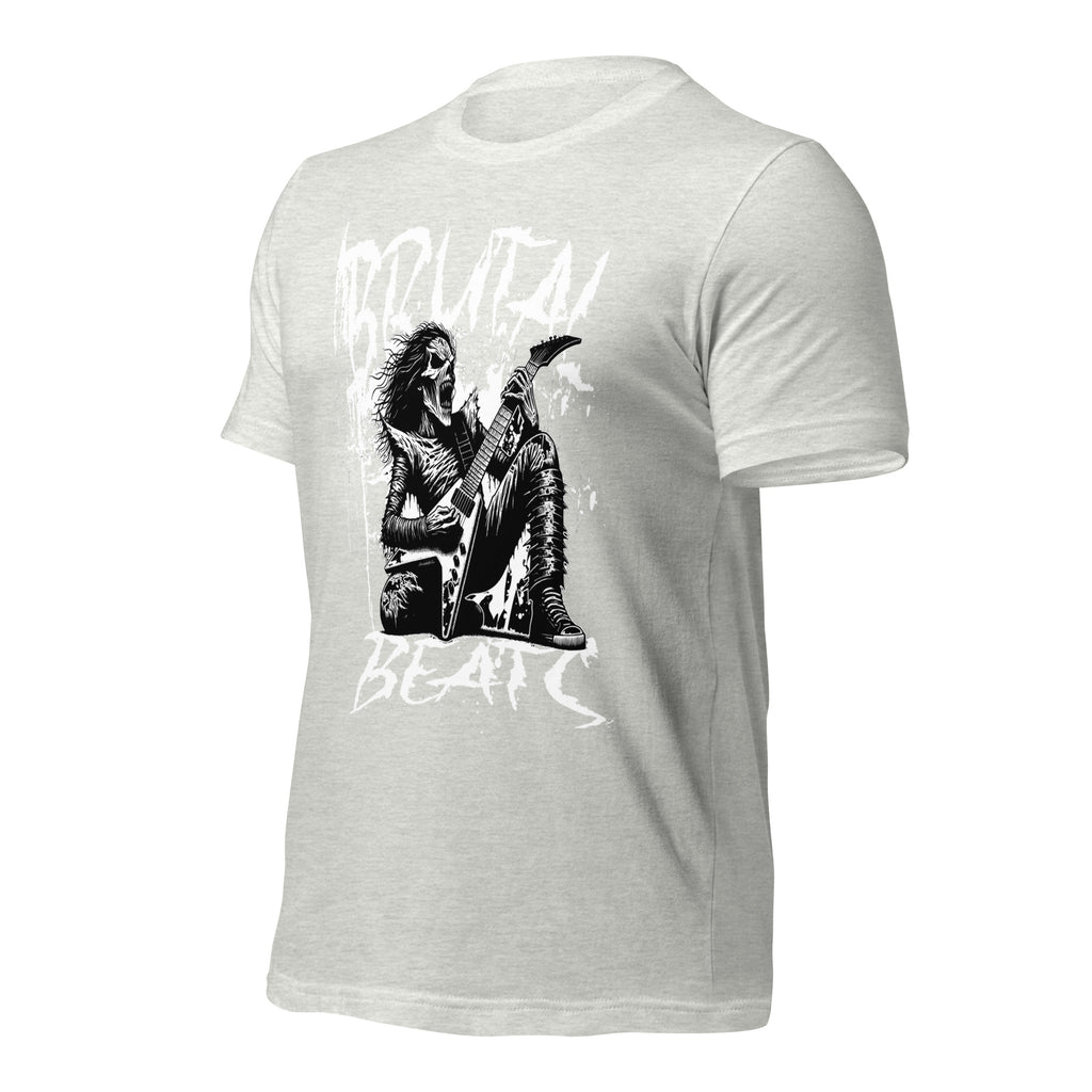 Unisex graphic T-shirt, light heather gray, back graphic print with guitar player