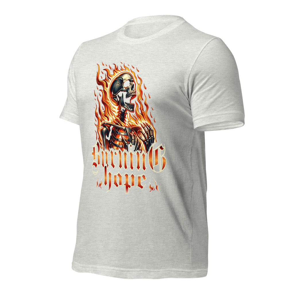 Unisex graphic T-shirt in ash grey with flame skull print on the back
