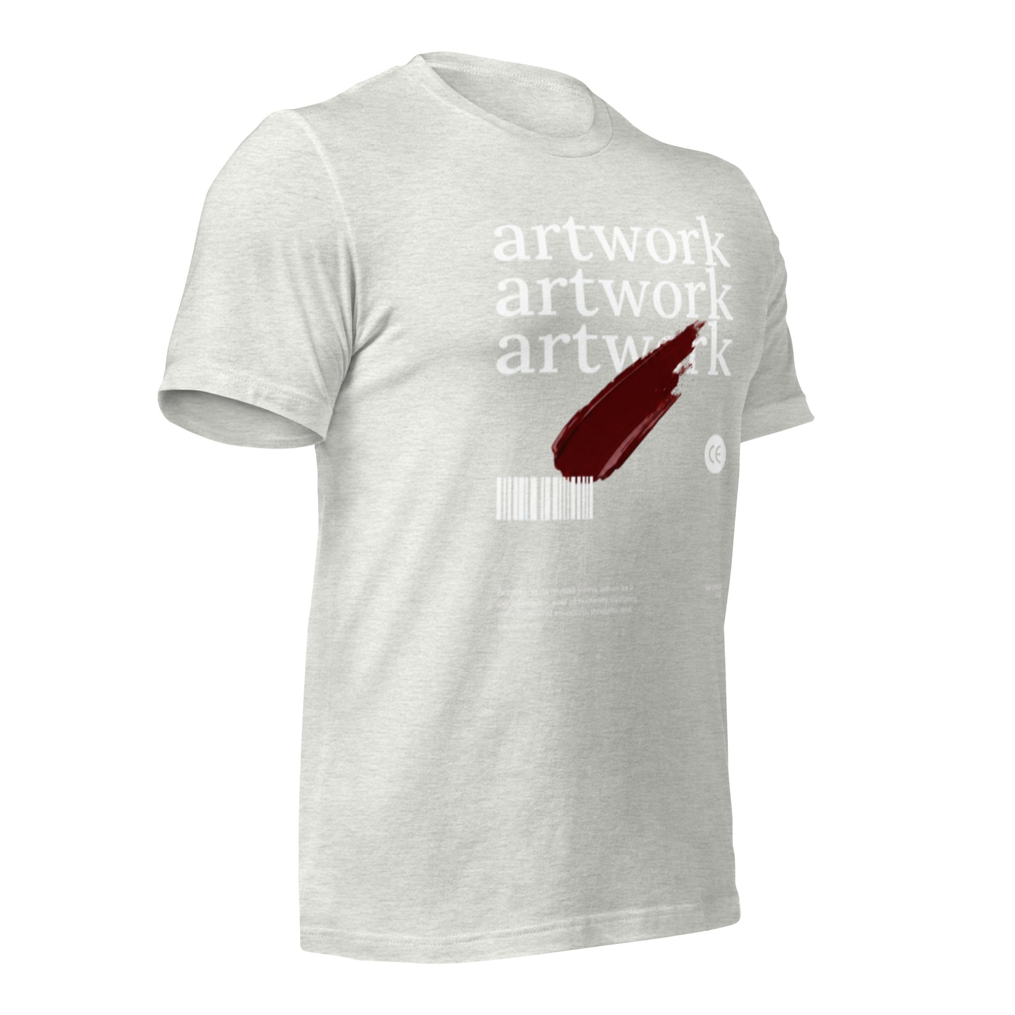 Unisex graphic T-shirt in light grey, front view with white artwork text and red brushstroke.