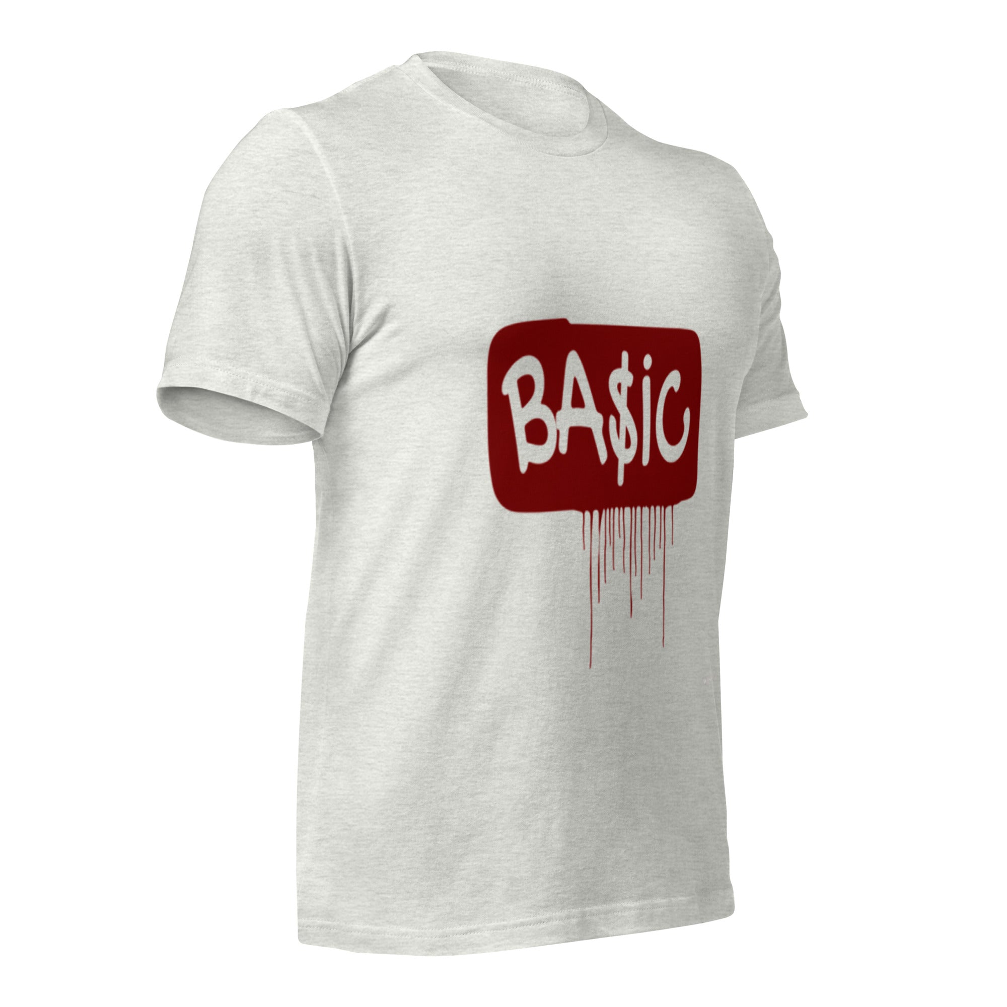 Heather grey unisex graphic T-shirt, red BA$IC logo on back, short sleeves