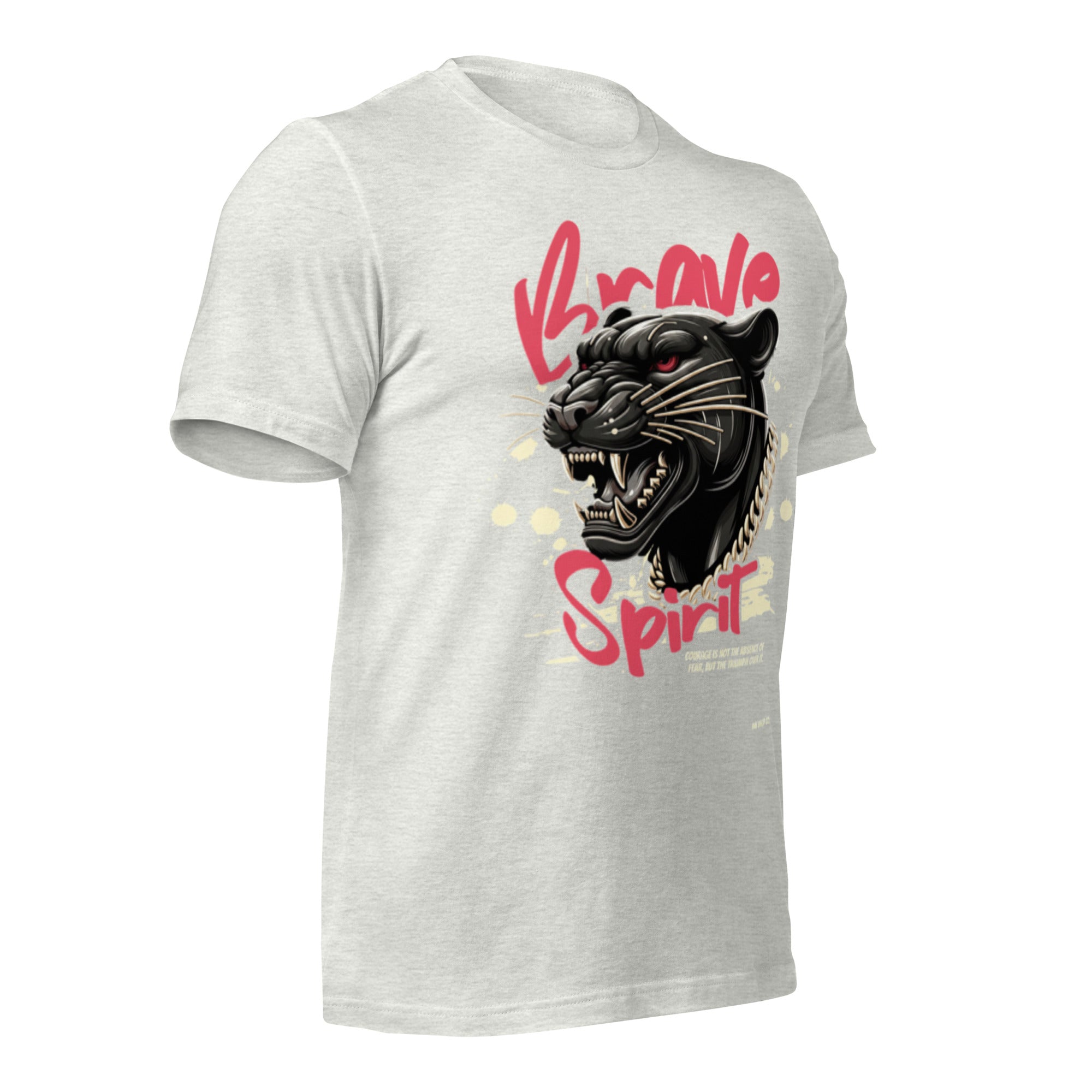 Light grey unisex T-shirt with black panther head graphic and red text on front