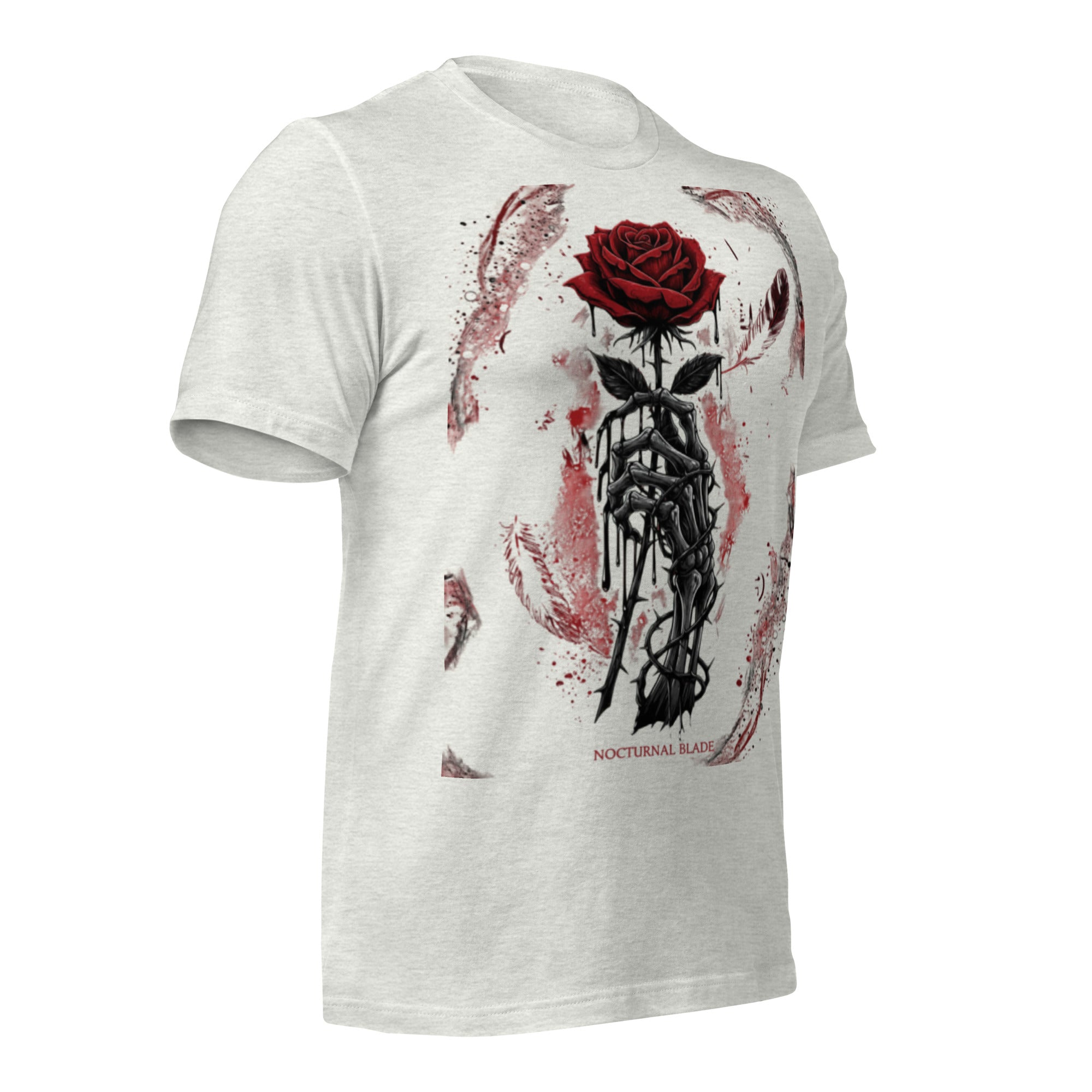 Light grey unisex graphic T-shirt with red rose and black chain-style artwork on front