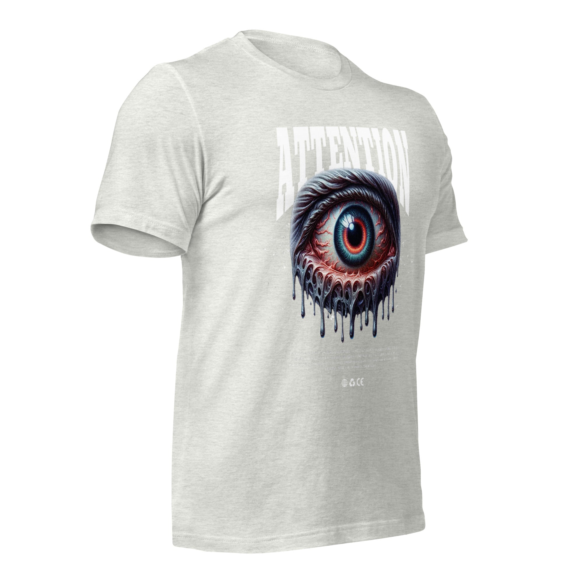 Unisex graphic T-shirt, light gray, front eye graphic with dripping details and ATTENTION text