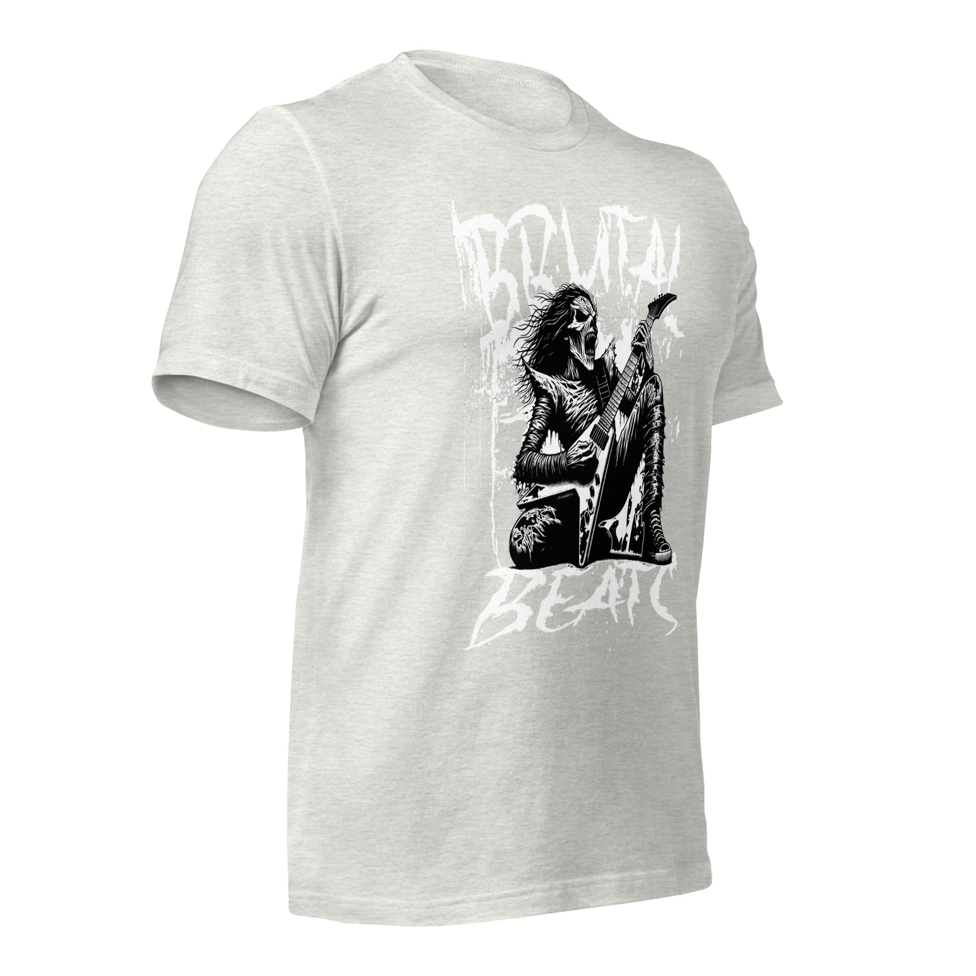 Unisex graphic T-shirt, light heather gray, front graphic print with guitarist