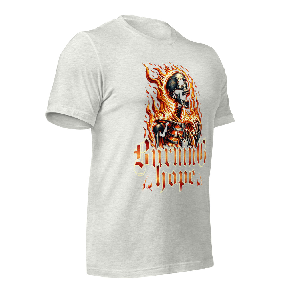 Unisex graphic T-shirt in ash grey with flame skull print on the front