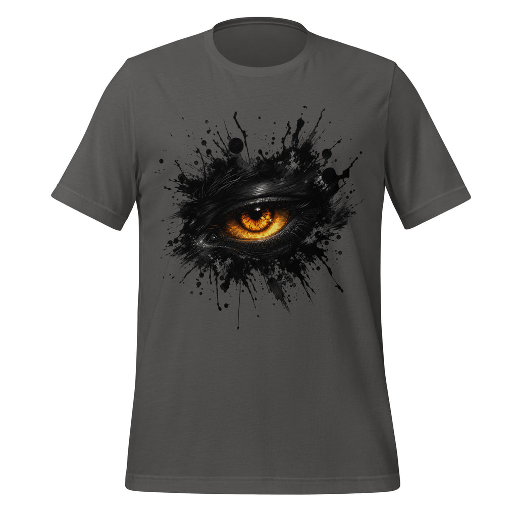 Asphalt grey men's T-shirt with glowing eye ink splash graphic on front
