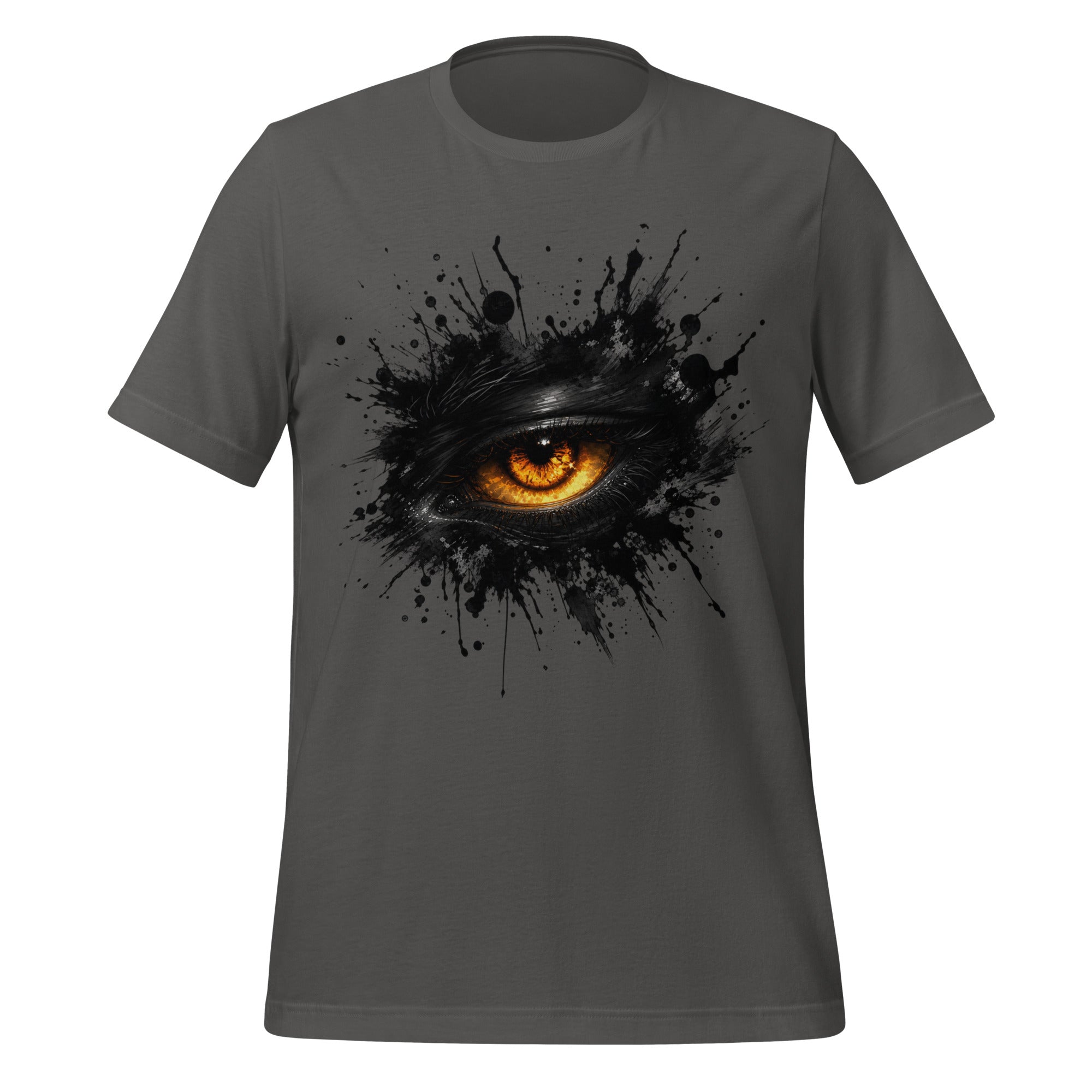 Asphalt grey men's T-shirt with glowing eye ink splash graphic on front