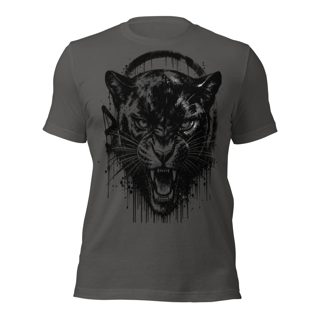 Asphalt unisex graphic T-shirt, roaring panther head front ink splatter