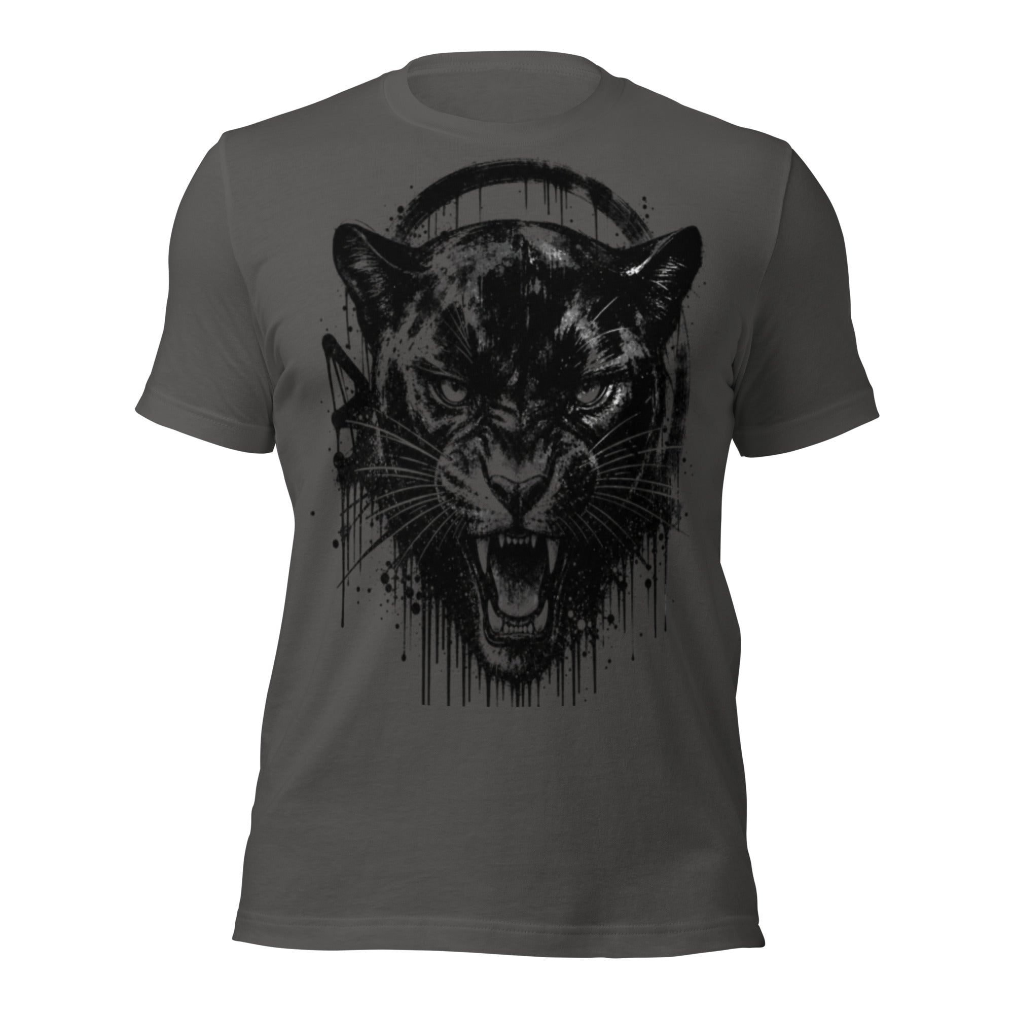 Asphalt unisex graphic T-shirt, roaring panther head front ink splatter