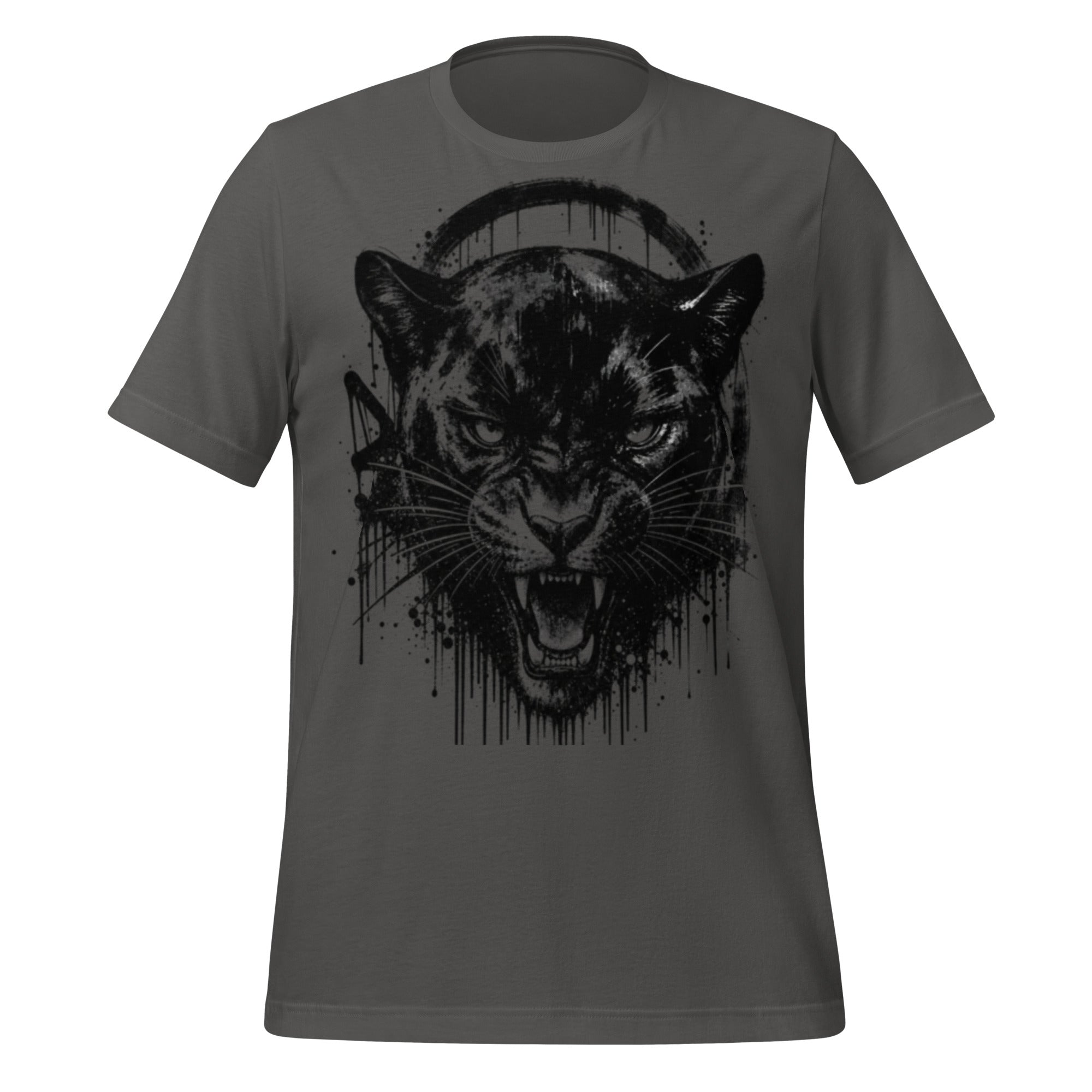 Unisex panther graffiti T-shirt, asphalt, front ink-splatter panther graphic.