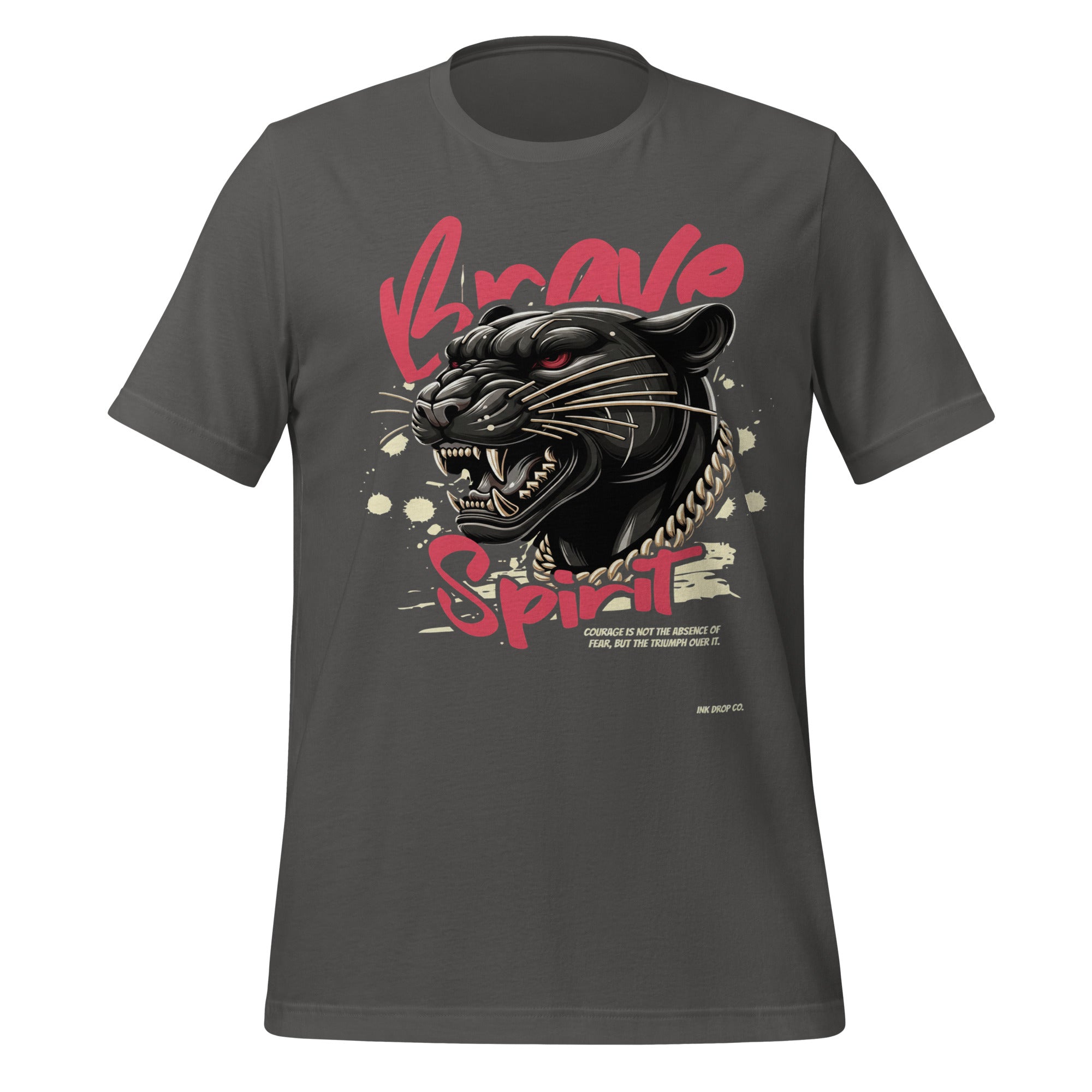 Men's asphalt grey graphic T-shirt with wolf head front print and red 'Spirit' text