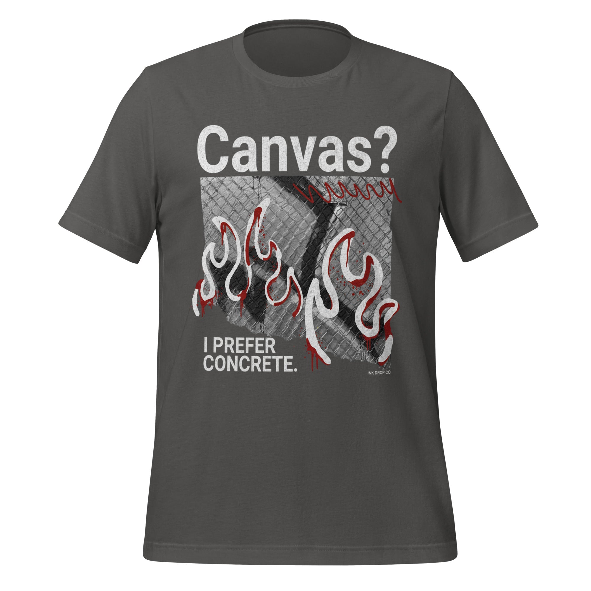 Men's graphic T-shirt, asphalt grey, front print with “Canvas?” and flames