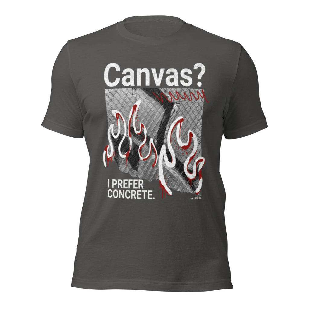 Unisex graphic T-shirt in dark gray with “Canvas?” flame square front print