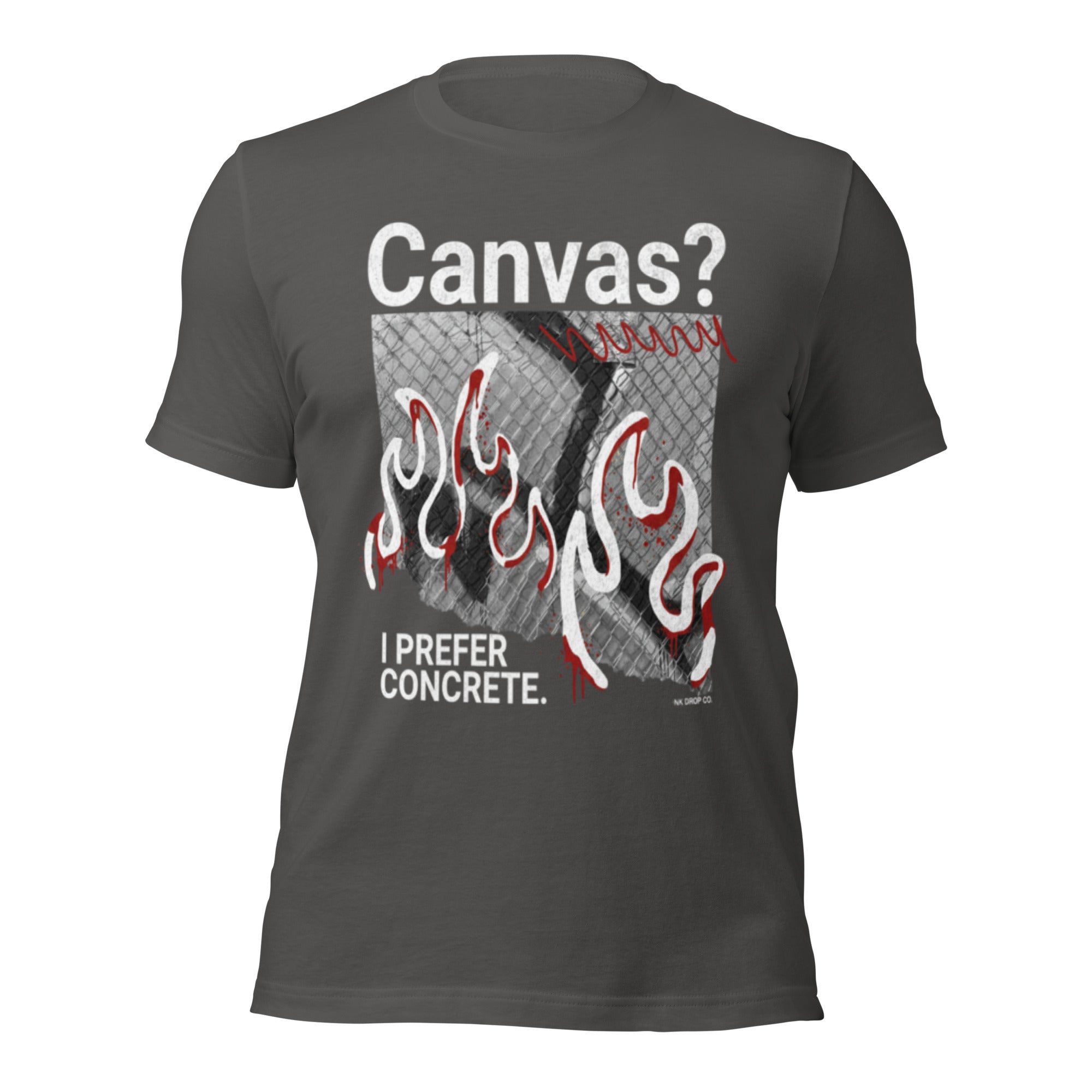 Unisex graphic T-shirt in dark gray with “Canvas?” flame square front print