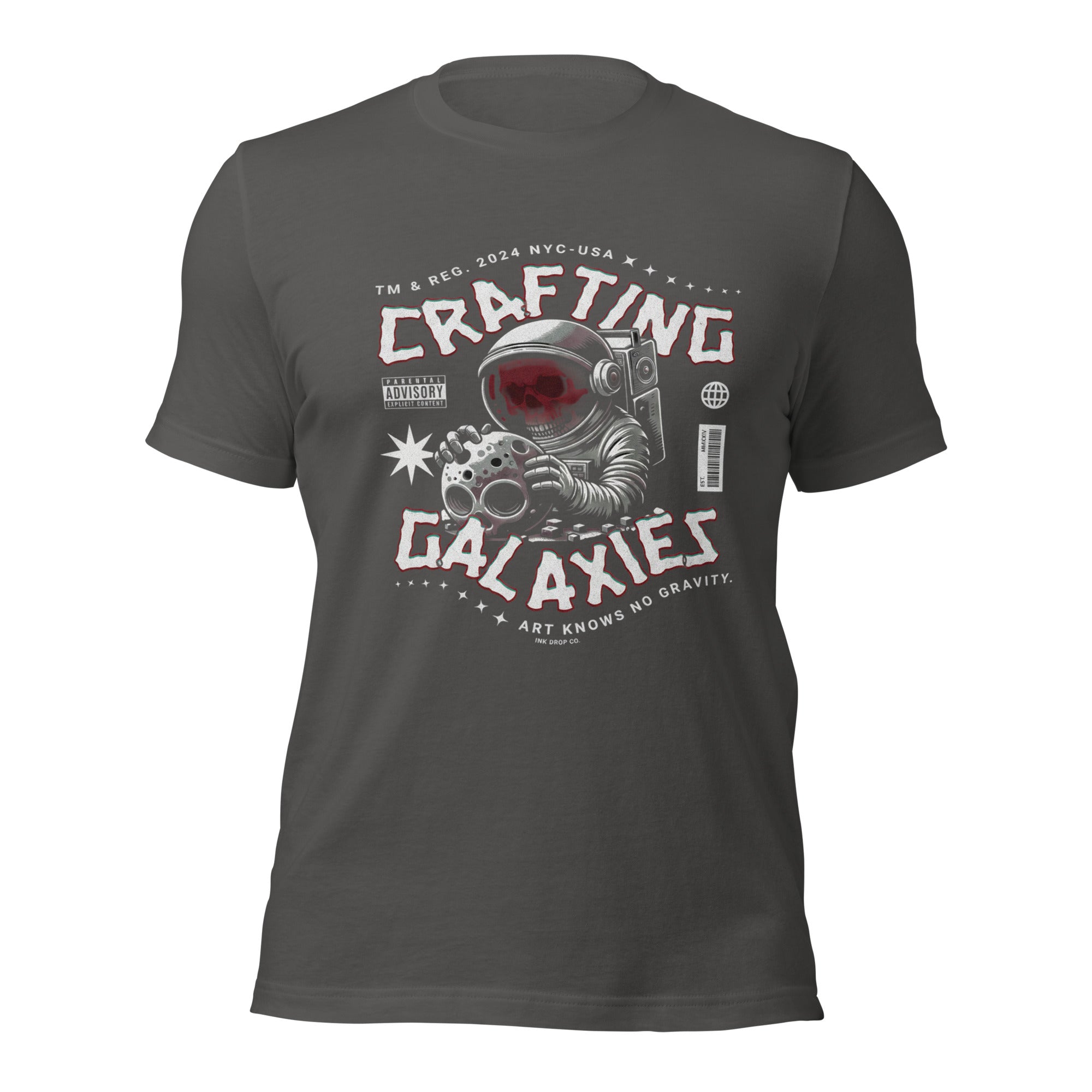 Women’s graphic T-shirt, dark grey front with rocket and galaxy logo print