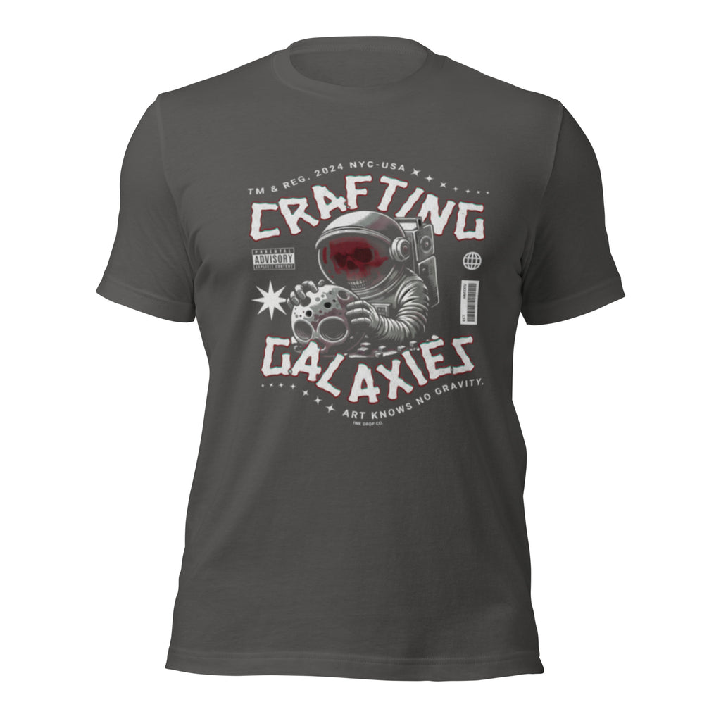 Dark gray unisex graphic t-shirt with “Crafting Galaxies” astronaut print on the front.