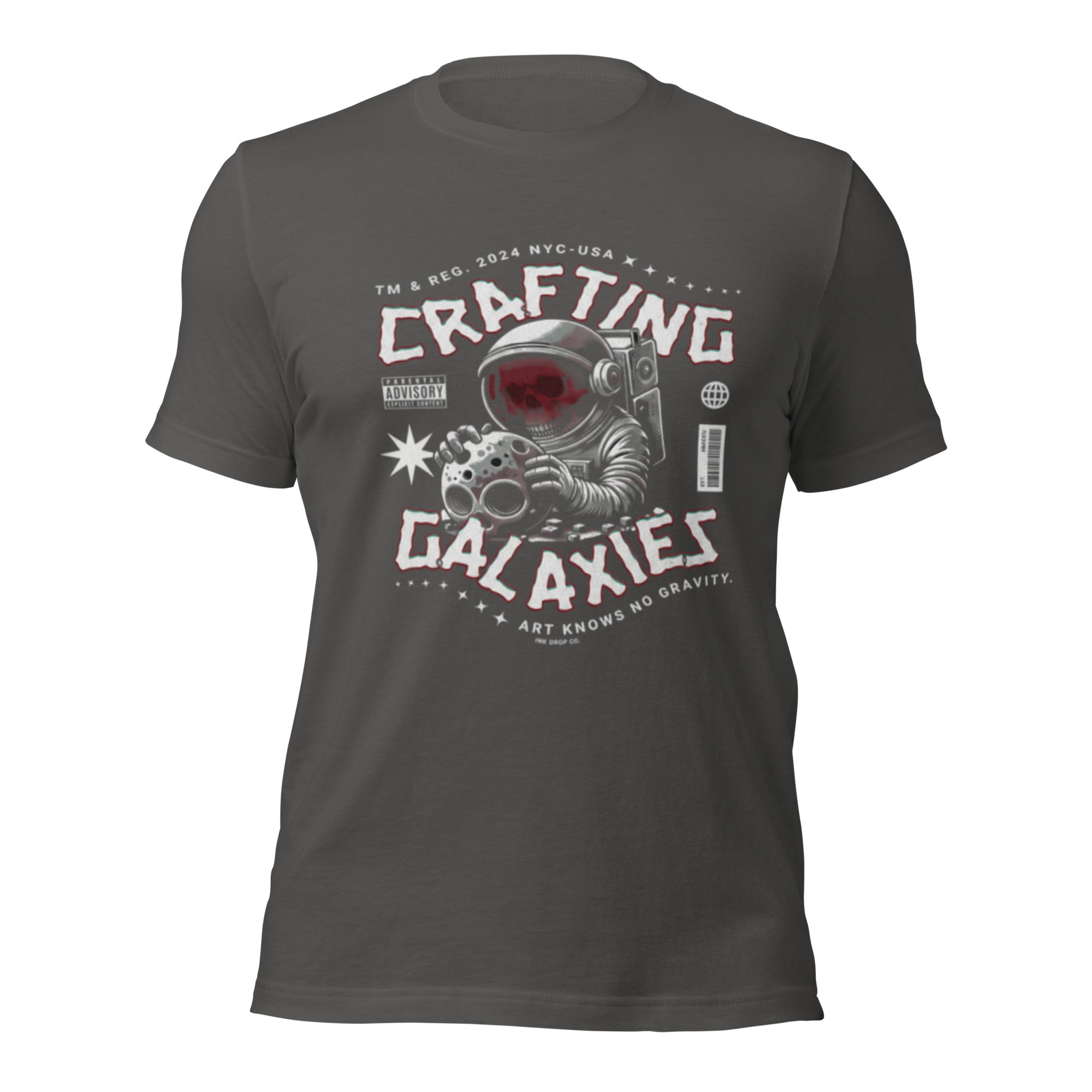 Dark gray unisex graphic t-shirt with “Crafting Galaxies” astronaut print on the front.
