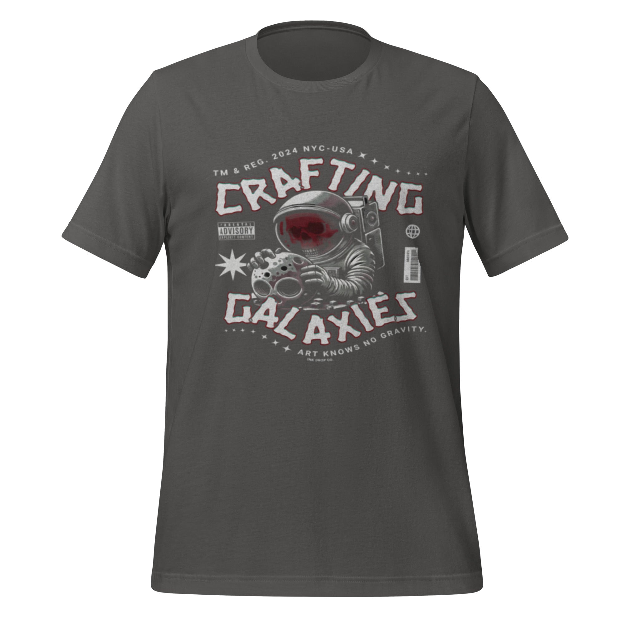 Unisex graphic T-shirt in dark grey heather, front space logo print
